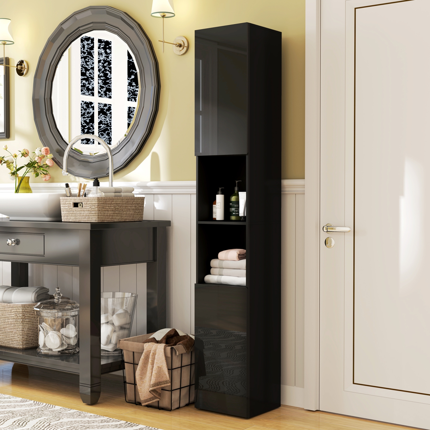 Armoire de rangement kleankin de 71&nbsp;po pour salle de bain, tour étroite en lin très lustré avec tablettes ouvertes, armoires à 2 portes et