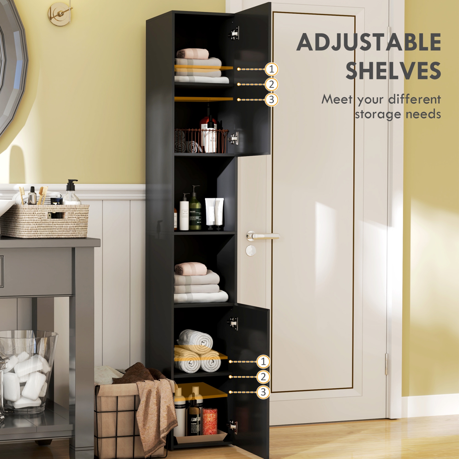 Armoire de rangement kleankin de 71&nbsp;po pour salle de bain, tour étroite en lin très lustré avec tablettes ouvertes, armoires à 2 portes et