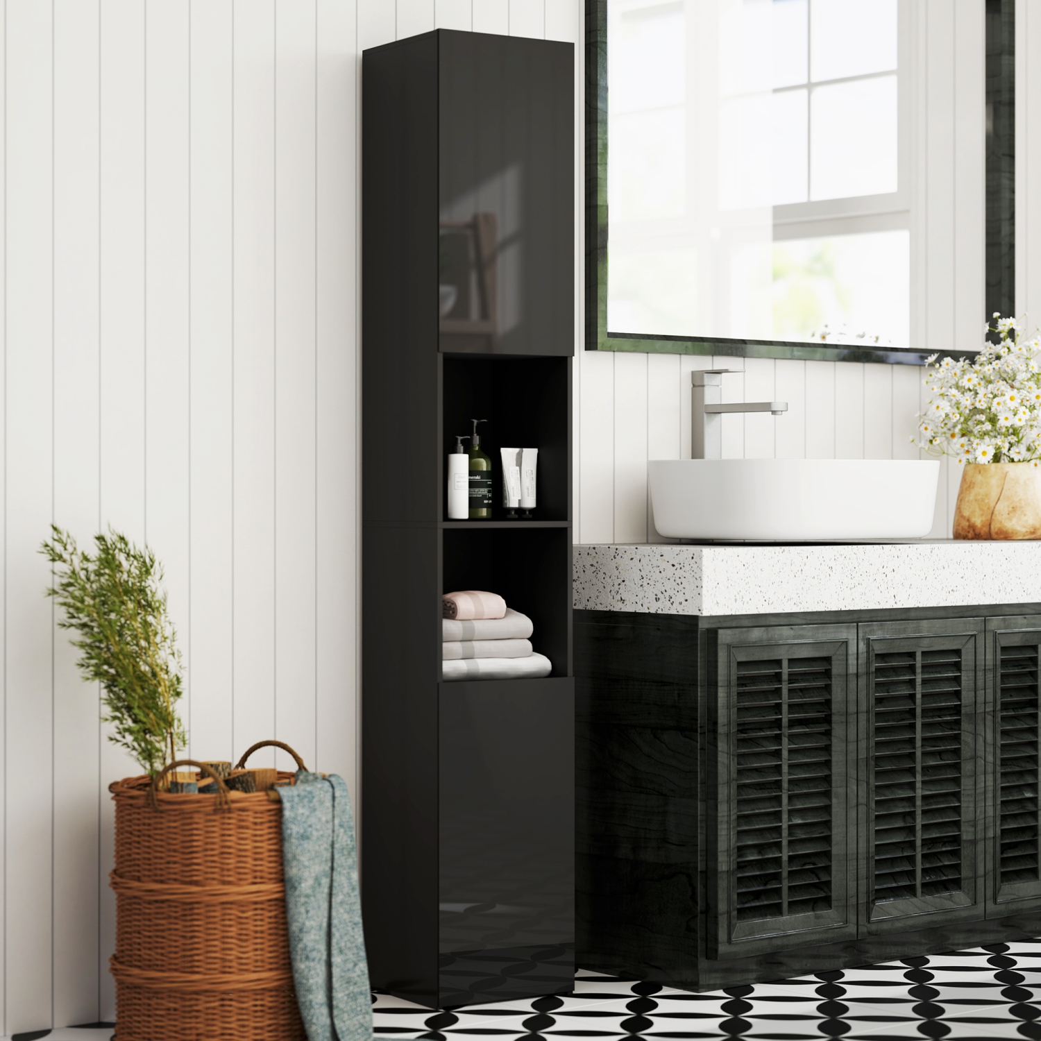 Armoire de rangement kleankin de 71&nbsp;po pour salle de bain, tour étroite en lin très lustré avec tablettes ouvertes, armoires à 2 portes et