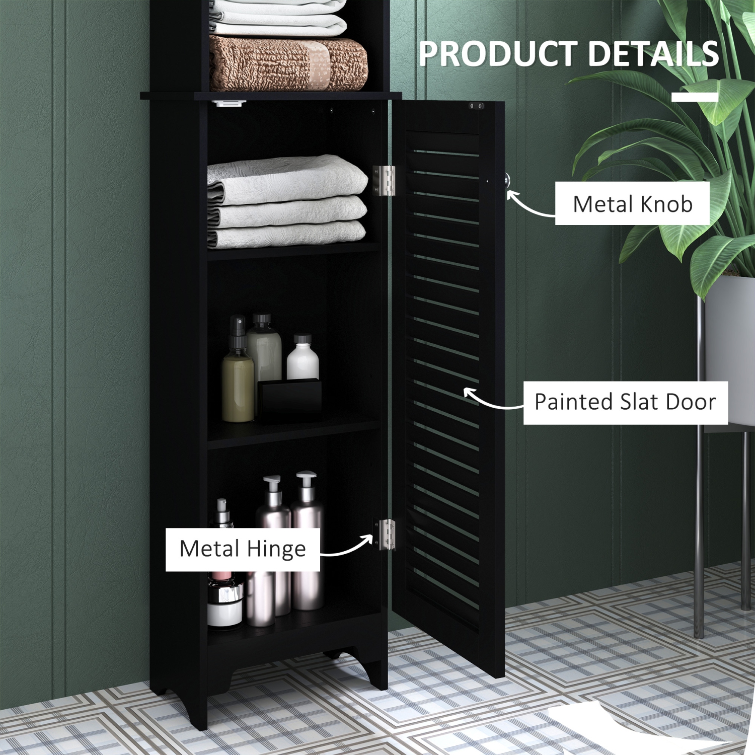 HOMCOM Bathroom Storage Cabinet, Tall Cabinet, Freestanding Bathroom Linen Tower with Shutter Doors, Black