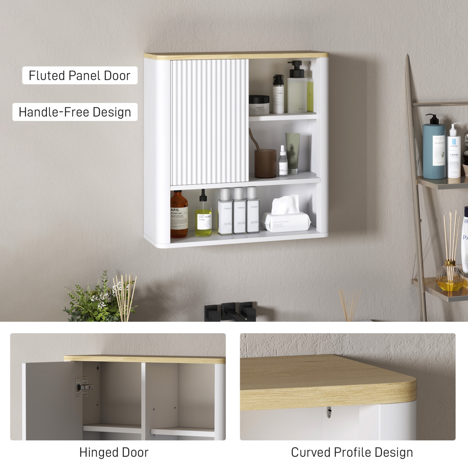 HOMCOM Medicine Cabinet with Adjustable Shelves, Bathroom Wall Cabinet with Fluted Panel Door, Bathroom Cabinet with Curved Profile Design, White