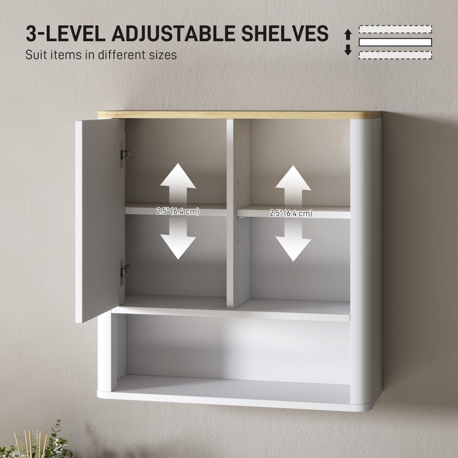 HOMCOM Medicine Cabinet with Adjustable Shelves, Bathroom Wall Cabinet with Fluted Panel Door, Bathroom Cabinet with Curved Profile Design, White