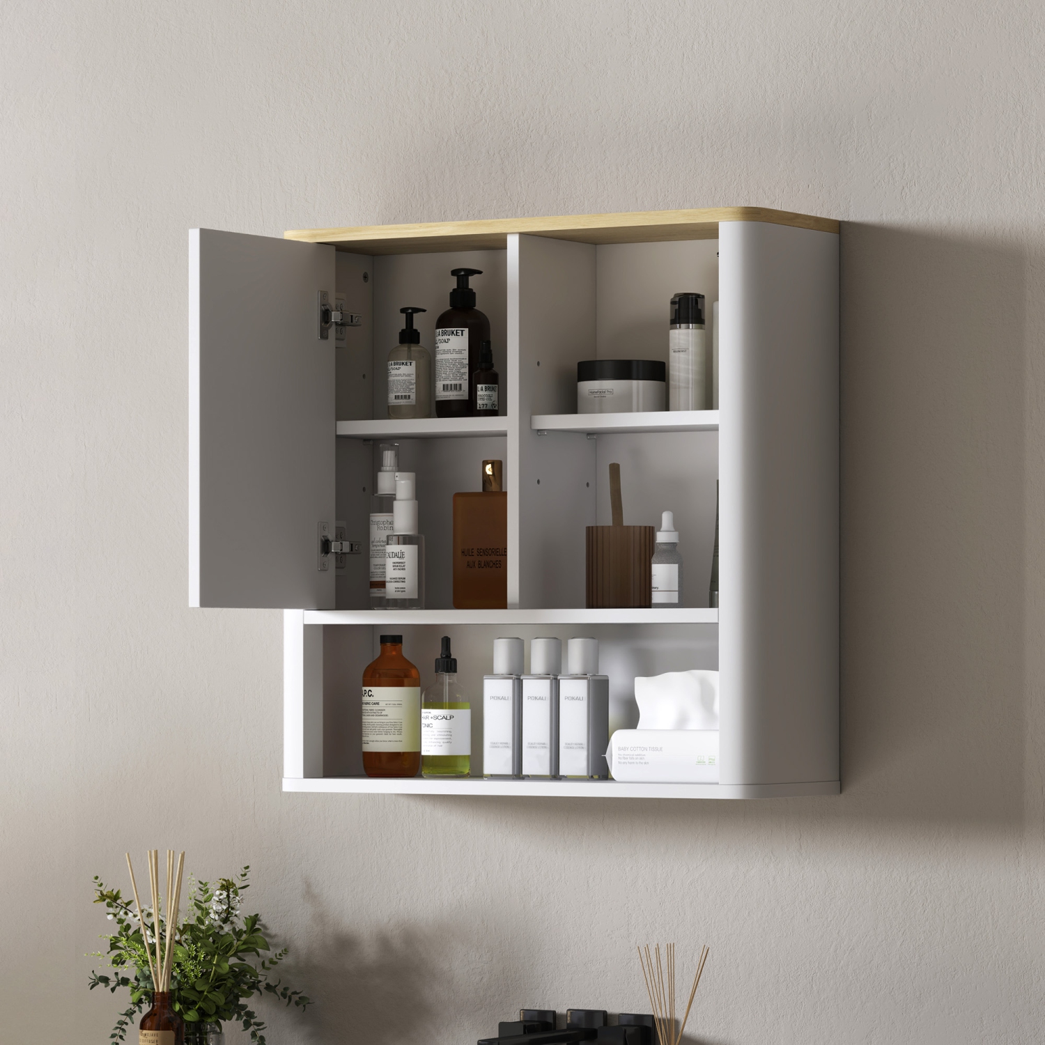 HOMCOM Medicine Cabinet with Adjustable Shelves, Bathroom Wall Cabinet with Fluted Panel Door, Bathroom Cabinet with Curved Profile Design, White