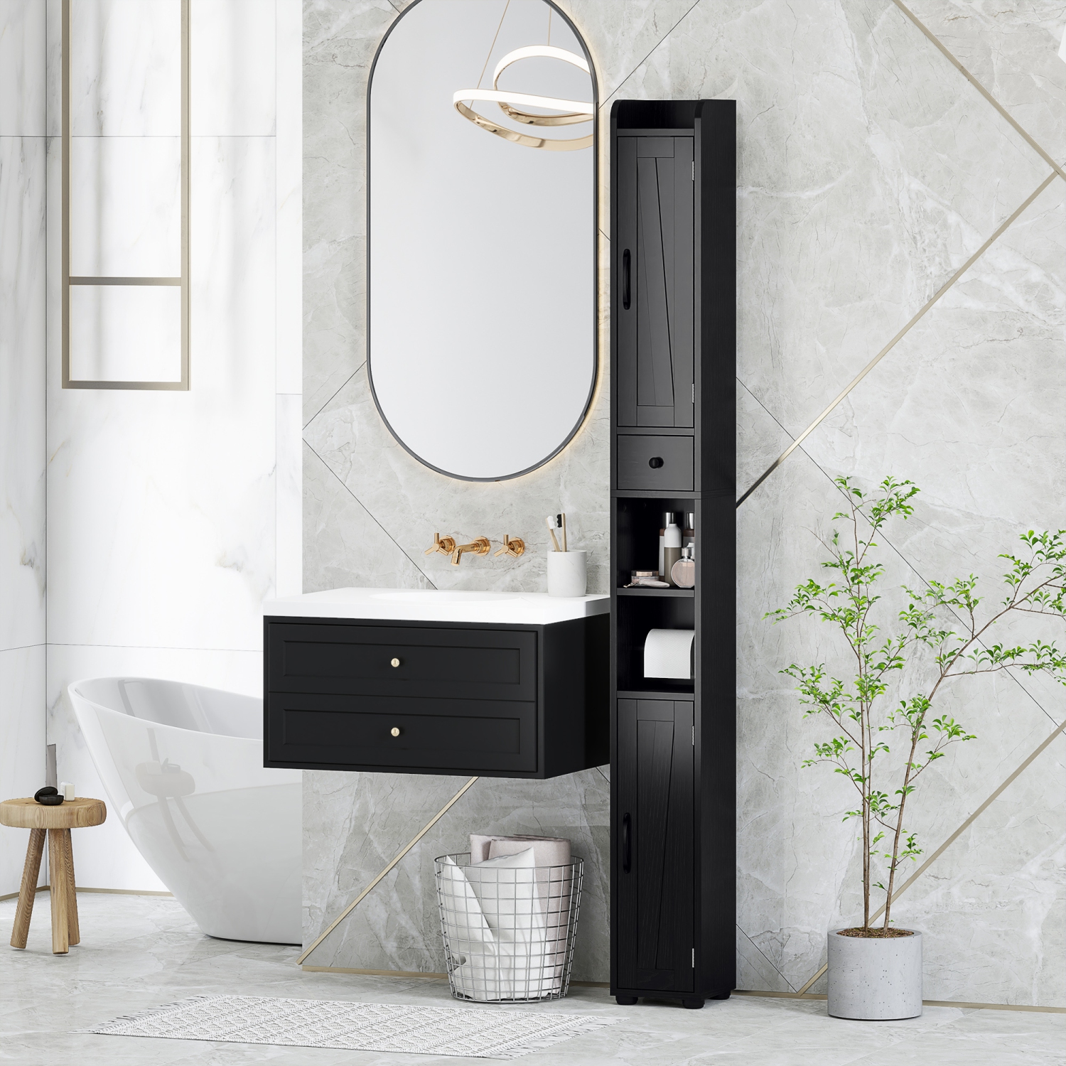 HOMCOM – Armoire de salle de bain haute 73&nbsp;po, armoire de rangement étroite pour salle de bain avec portes de grange, porte-rouleau de papier