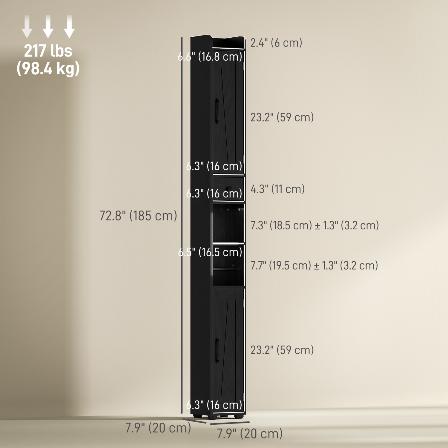 HOMCOM – Armoire de salle de bain haute 73&nbsp;po, armoire de rangement étroite pour salle de bain avec portes de grange, porte-rouleau de papier
