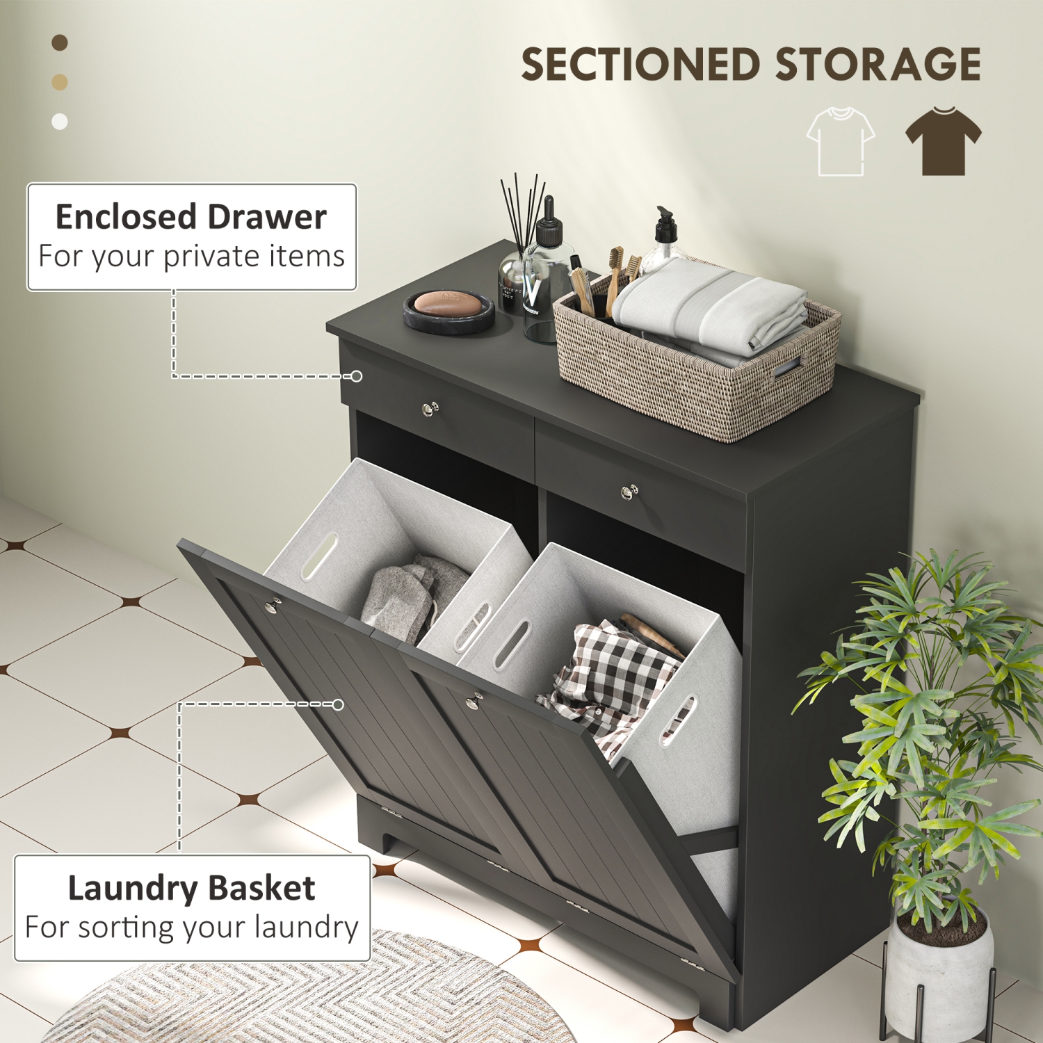 HOMCOM Laundry Cabinet, Tilt Out Double Laundry Hamper with 2 Removable Baskets and 2 Drawers, Bathroom Hamper Cabinet with 2 Beadboard Doors, Black