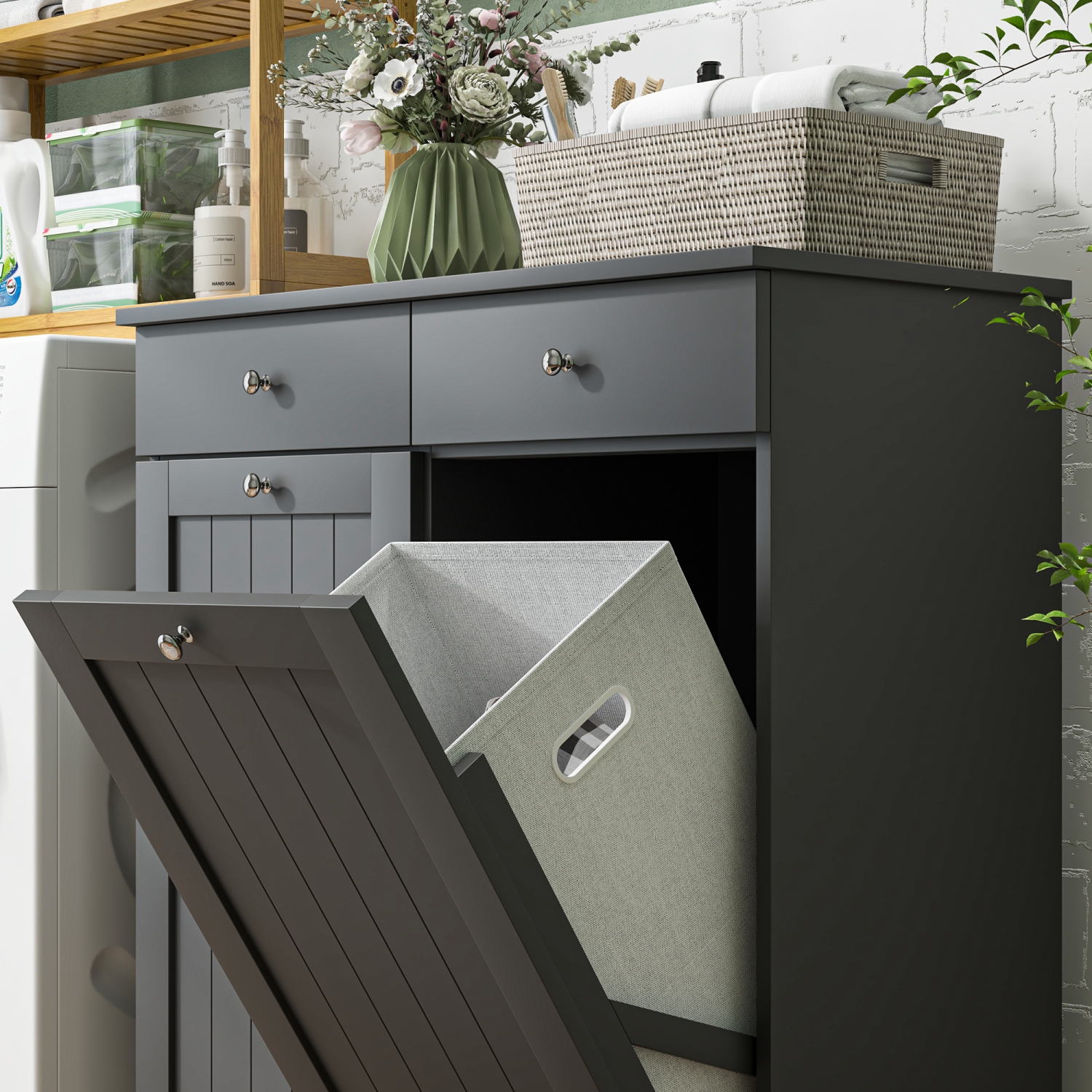 HOMCOM Laundry Cabinet, Tilt Out Double Laundry Hamper with 2 Removable Baskets and 2 Drawers, Bathroom Hamper Cabinet with 2 Beadboard Doors, Black