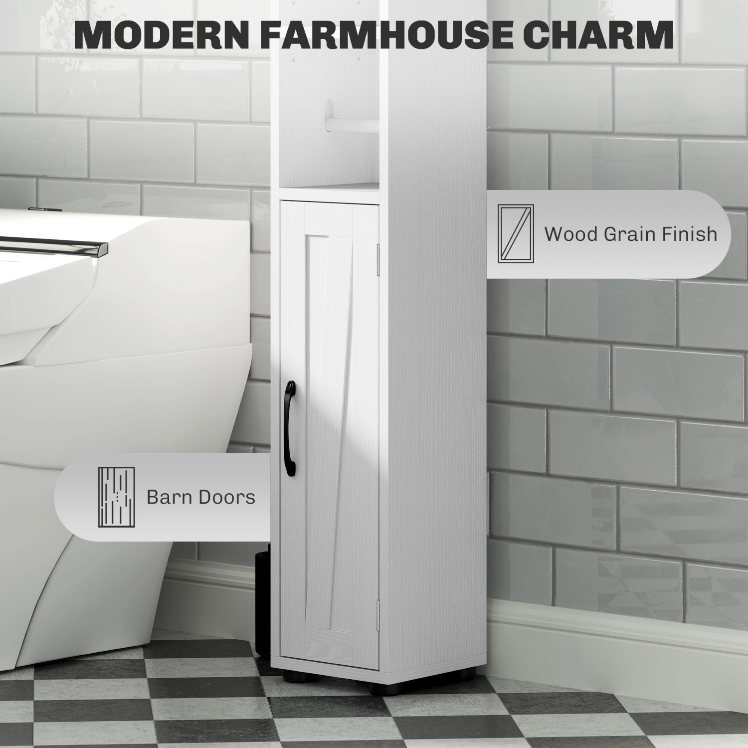 HOMCOM 73" Tall Bathroom Cabinet, Farmhouse Narrow Bathroom Storage Cabinet with Barn Doors, Toilet Paper Roll Holder, Drawer, Freestanding Linen