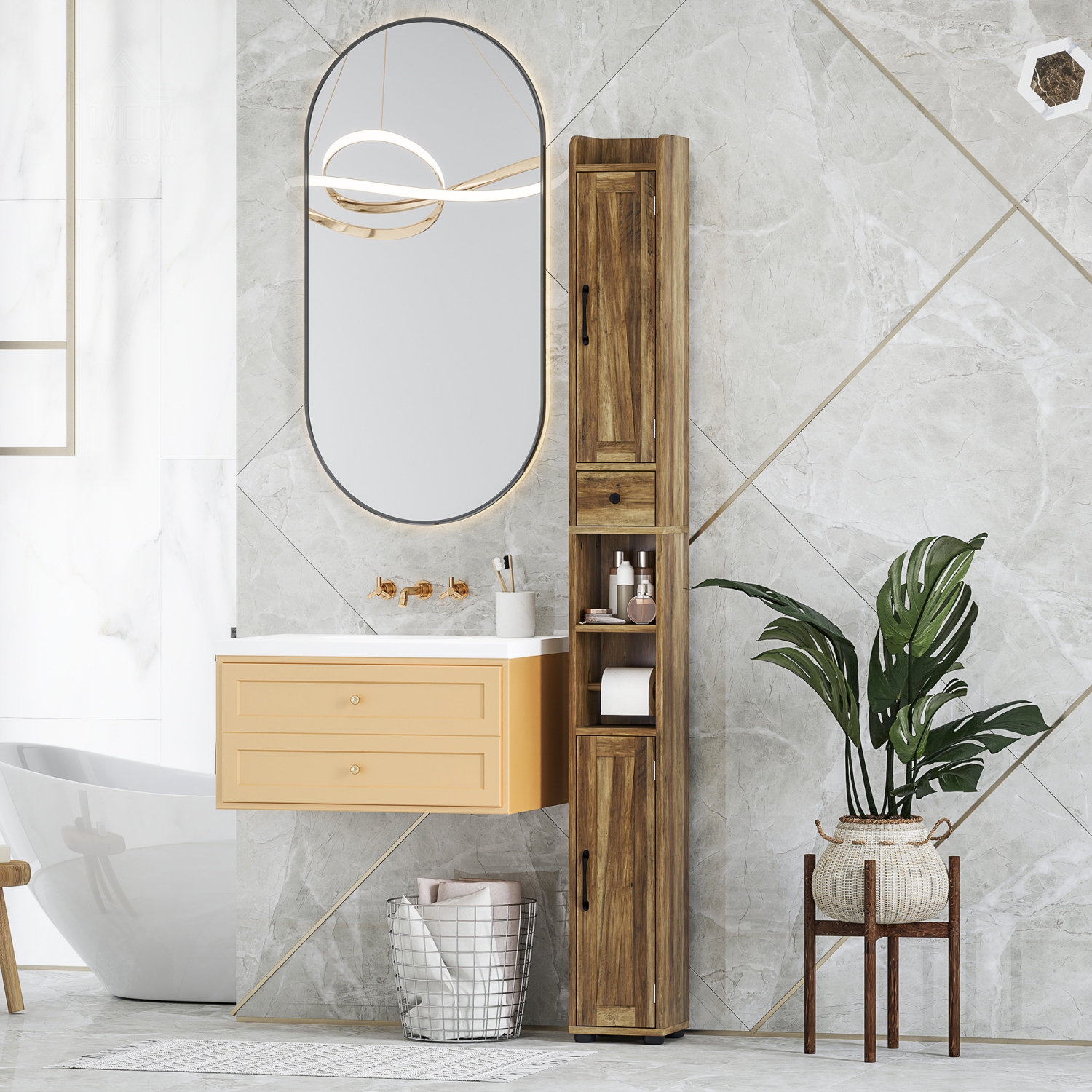 HOMCOM 73" Tall Bathroom Cabinet, Farmhouse Narrow Bathroom Storage Cabinet with Barn Doors, Toilet Paper Roll Holder, Drawer, Freestanding Linen