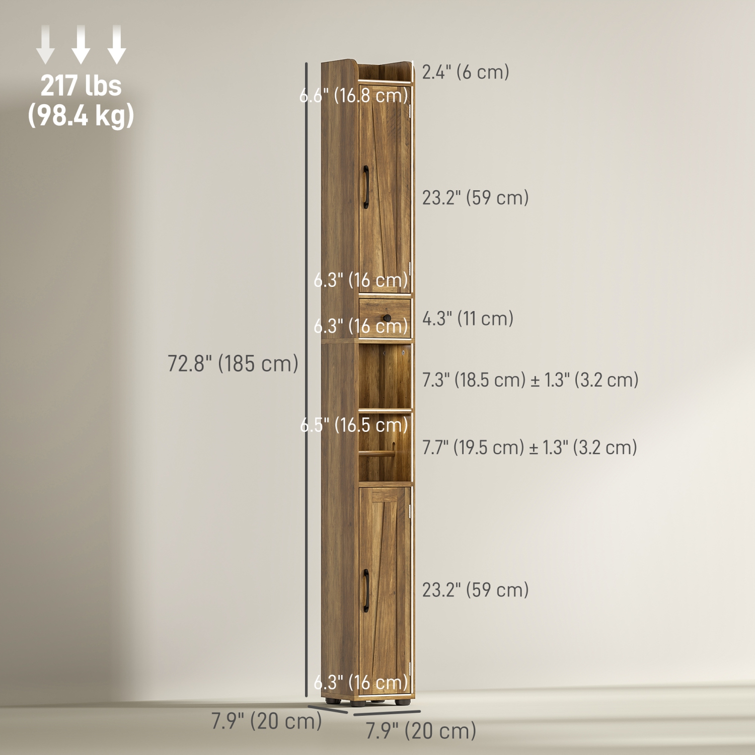 HOMCOM 73" Tall Bathroom Cabinet, Farmhouse Narrow Bathroom Storage Cabinet with Barn Doors, Toilet Paper Roll Holder, Drawer, Freestanding Linen