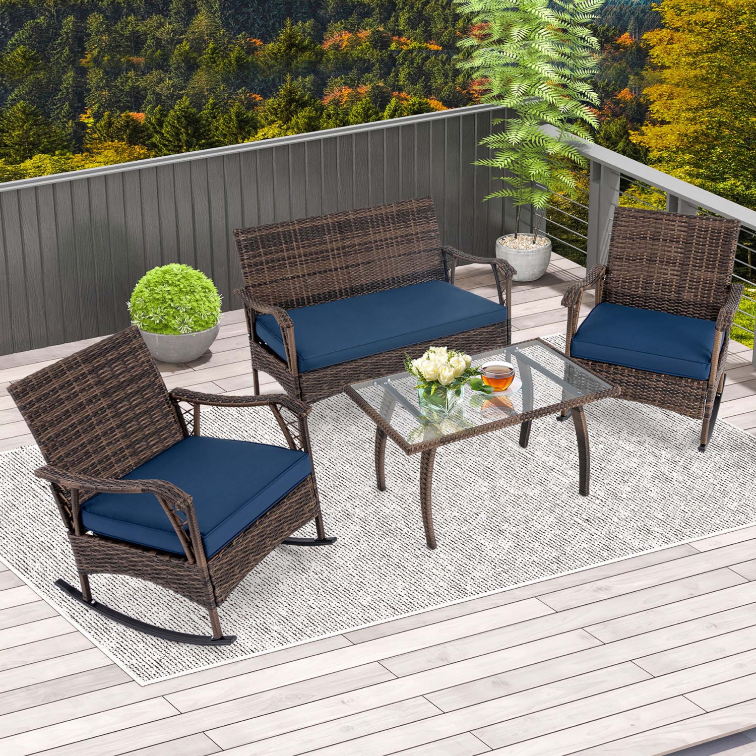 Gymax Set of 4 Wicker Rocking Set w/ Loveseat & Coffee Table Heavy-Duty Metal Frame Navy