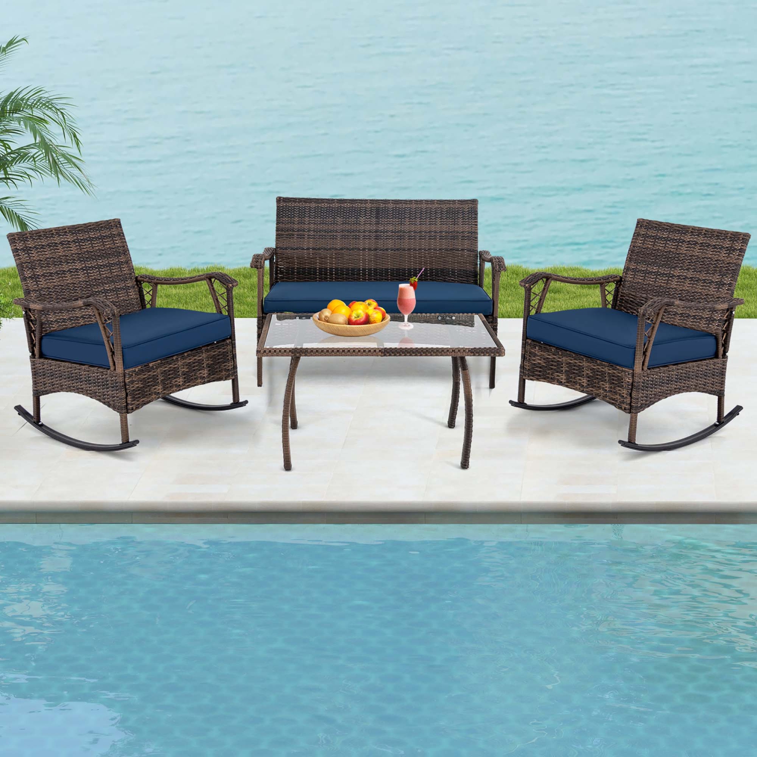 Gymax Set of 4 Wicker Rocking Set w/ Loveseat & Coffee Table Heavy-Duty Metal Frame Navy