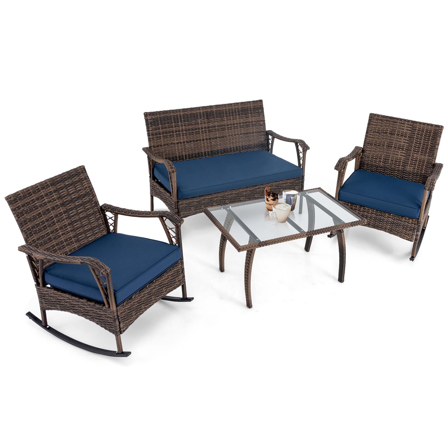 Gymax Set of 4 Wicker Rocking Set w/ Loveseat & Coffee Table Heavy-Duty Metal Frame Navy