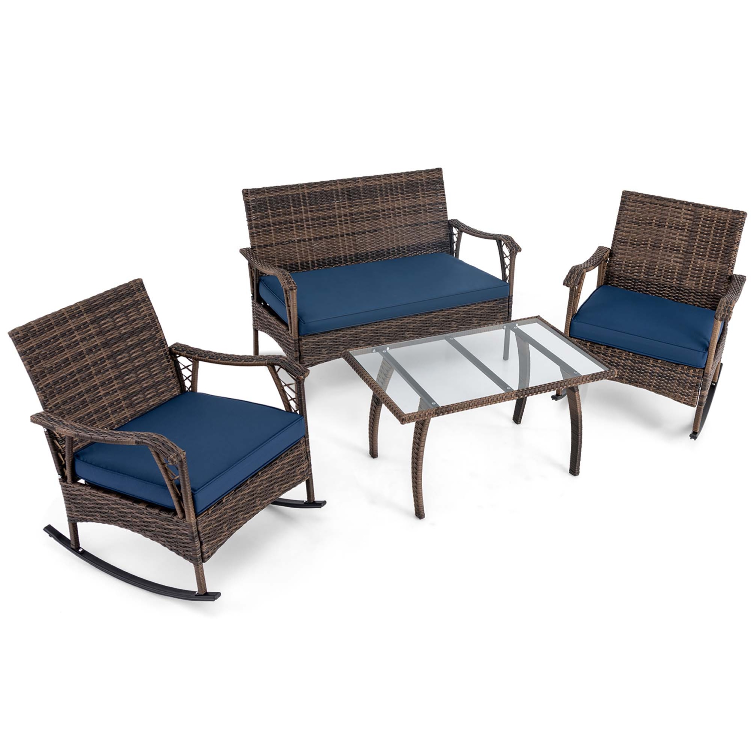 Gymax Set of 4 Wicker Rocking Set w/ Loveseat & Coffee Table Heavy-Duty Metal Frame Navy