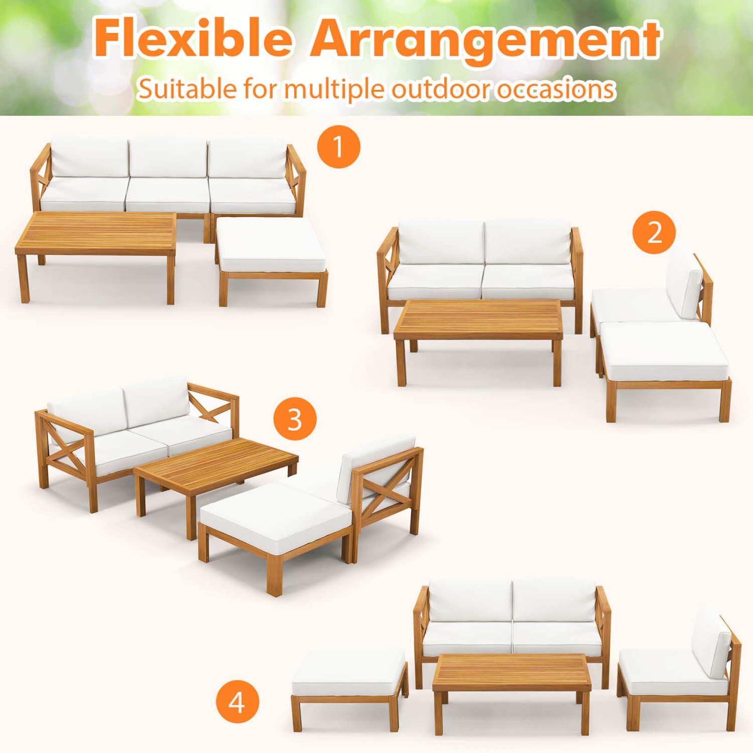 Gymax Set of 5 Conversation Furniture Set w/ 3 Chairs 1 Ottoman & 1 Coffee Table White