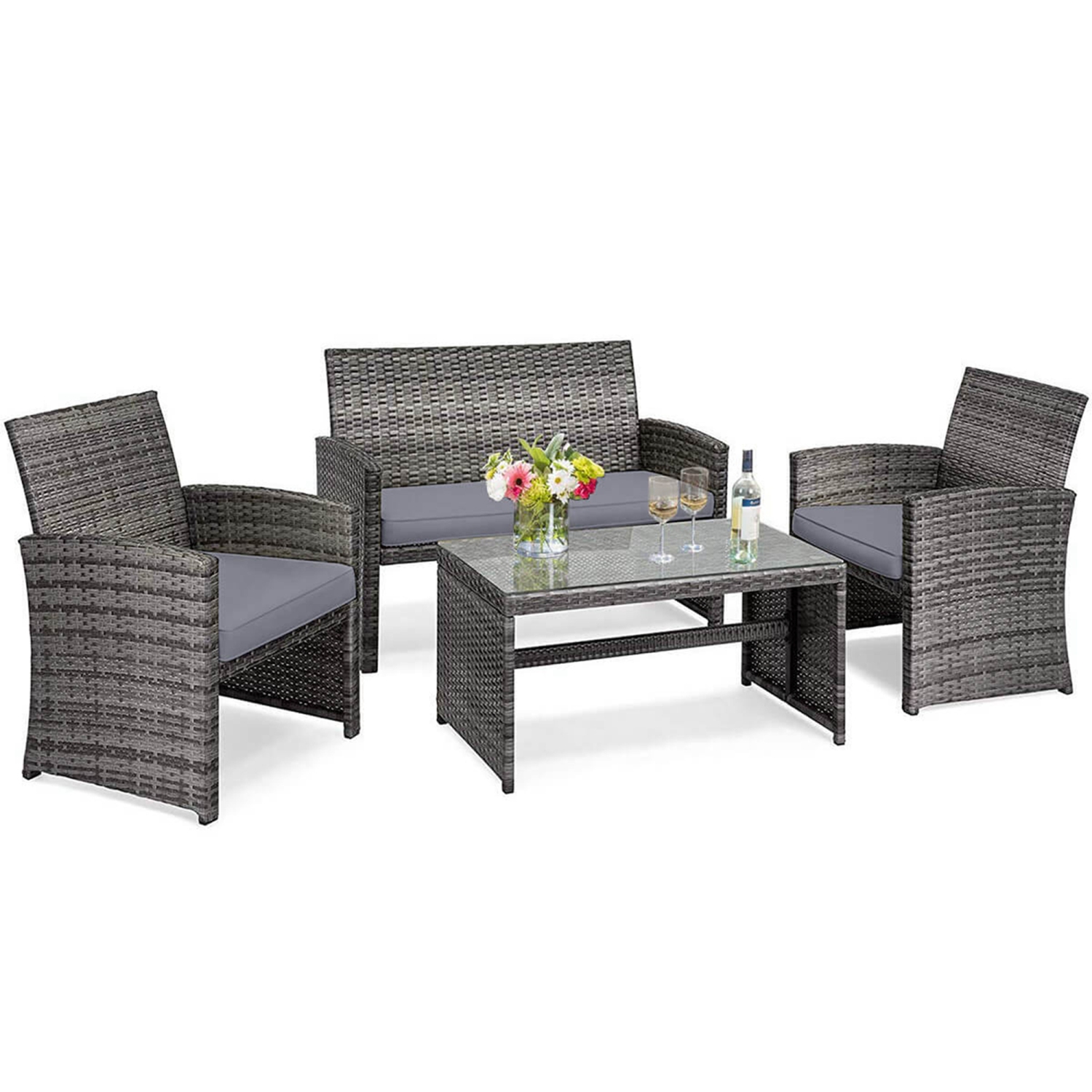 Gymax Set of 4 Rattan Furniture Set Conversation Glass Table Top Cushioned Sofa Patio Mix grey