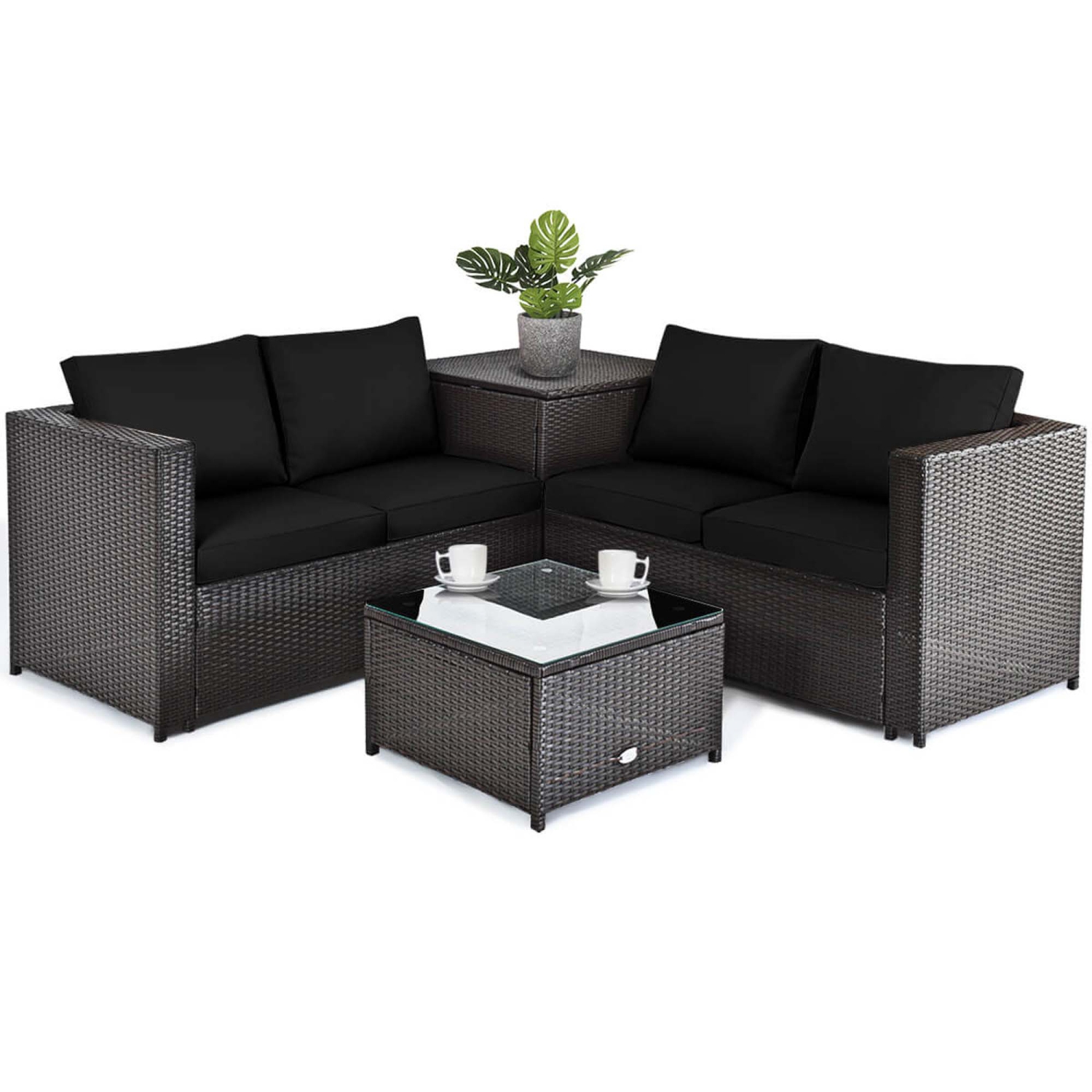 Gymax Set of 4 Patio Rattan Furniture Set Cushioned Loveseat Storage Table Outdoor Black