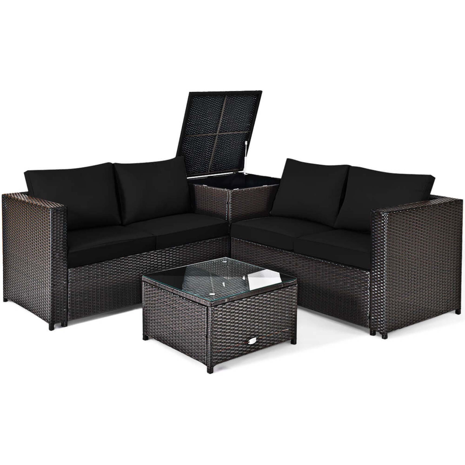 Gymax Set of 4 Patio Rattan Furniture Set Cushioned Loveseat Storage Table Outdoor Black