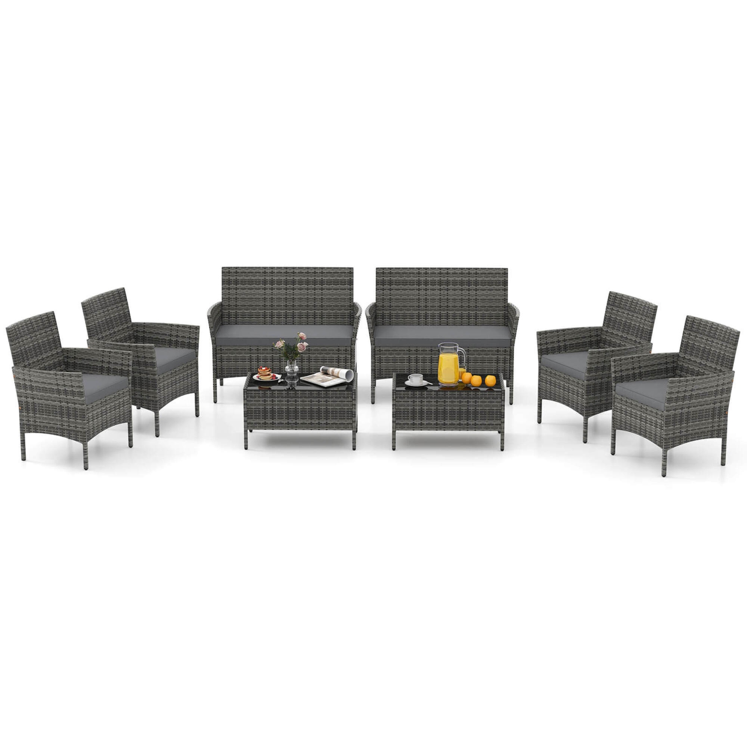 Gymax Set of 8 Furniture Set w/ Washable Cushions & Tempered Glass Coffee Table Patio