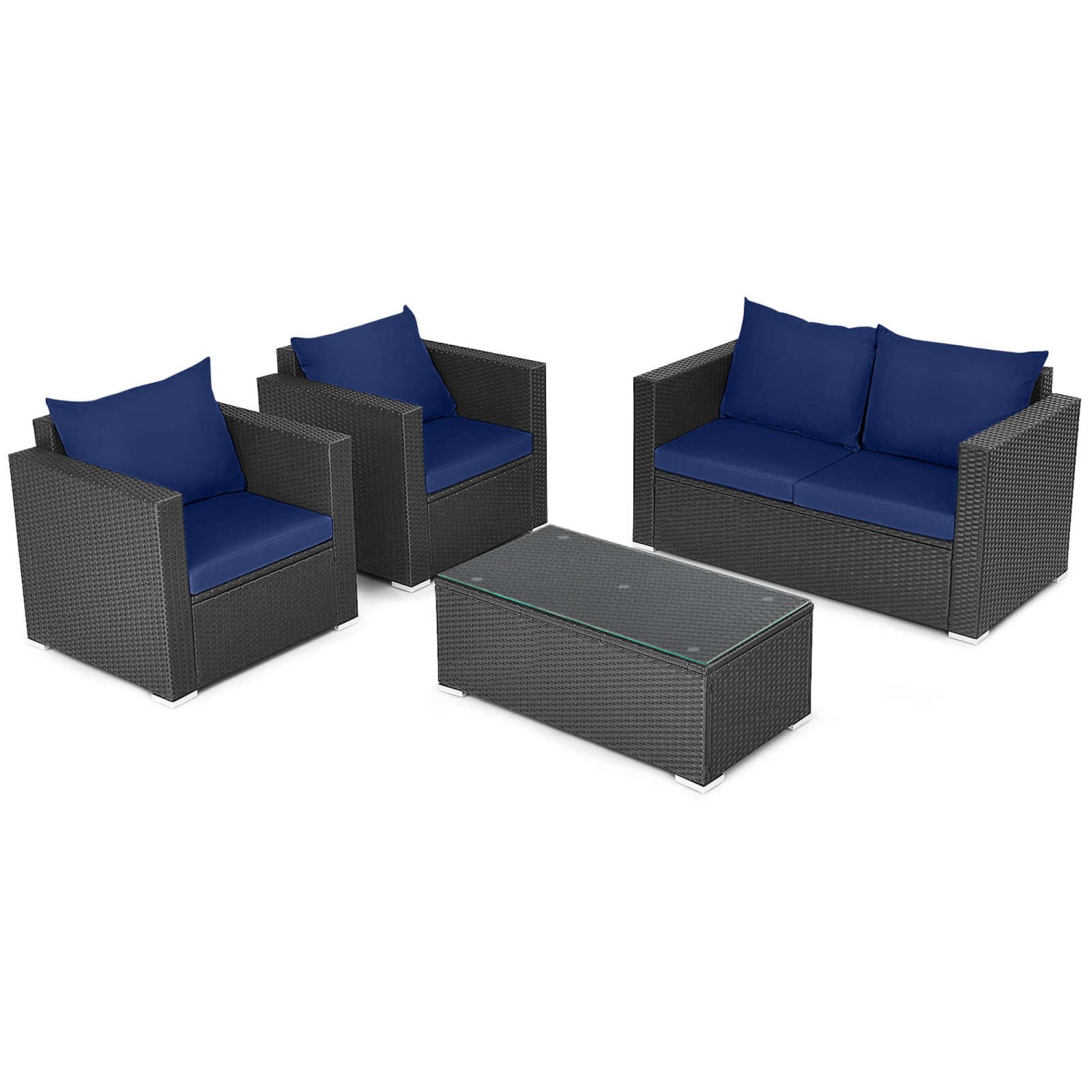 Gymax Set of 4 Rattan Furniture Set Cushioned Sofa Chair Coffee Table Patio Navy