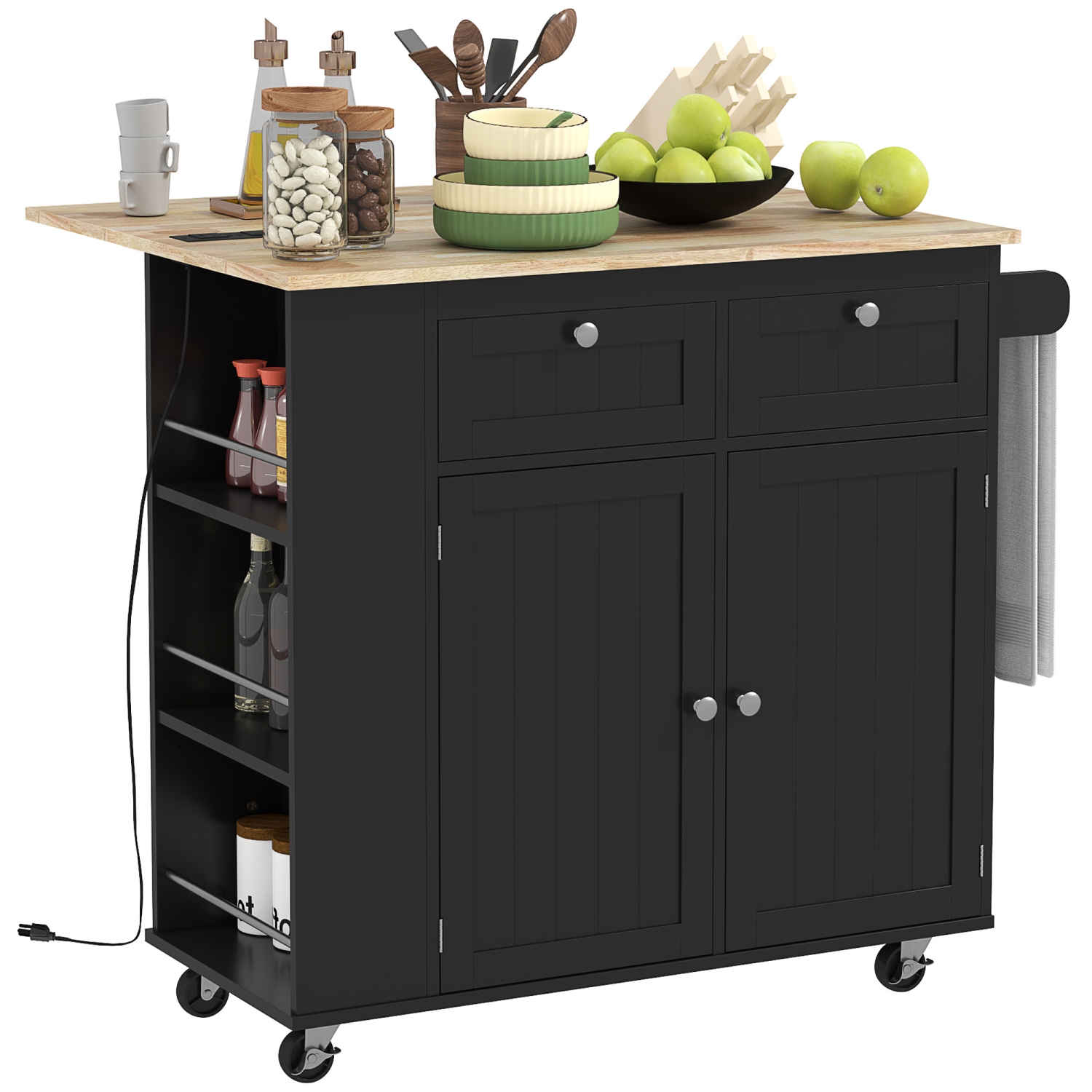 HOMCOM Kitchen Island with USB Ports & Power Outlets, Farmhouse Kitchen Cart with Wood Drop Leaf, Rolling Kitchen Island with 2 Drawers, Spice Rack