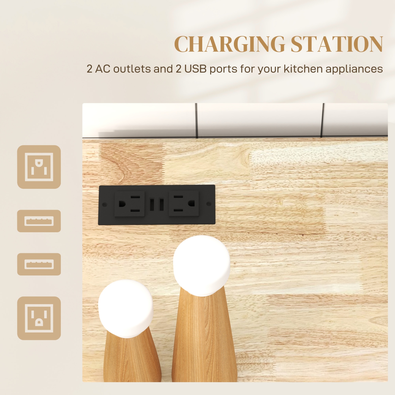 HOMCOM Kitchen Island with USB Ports & Power Outlets, Farmhouse Kitchen Cart with Wood Drop Leaf, Rolling Kitchen Island with 2 Drawers, Spice Rack