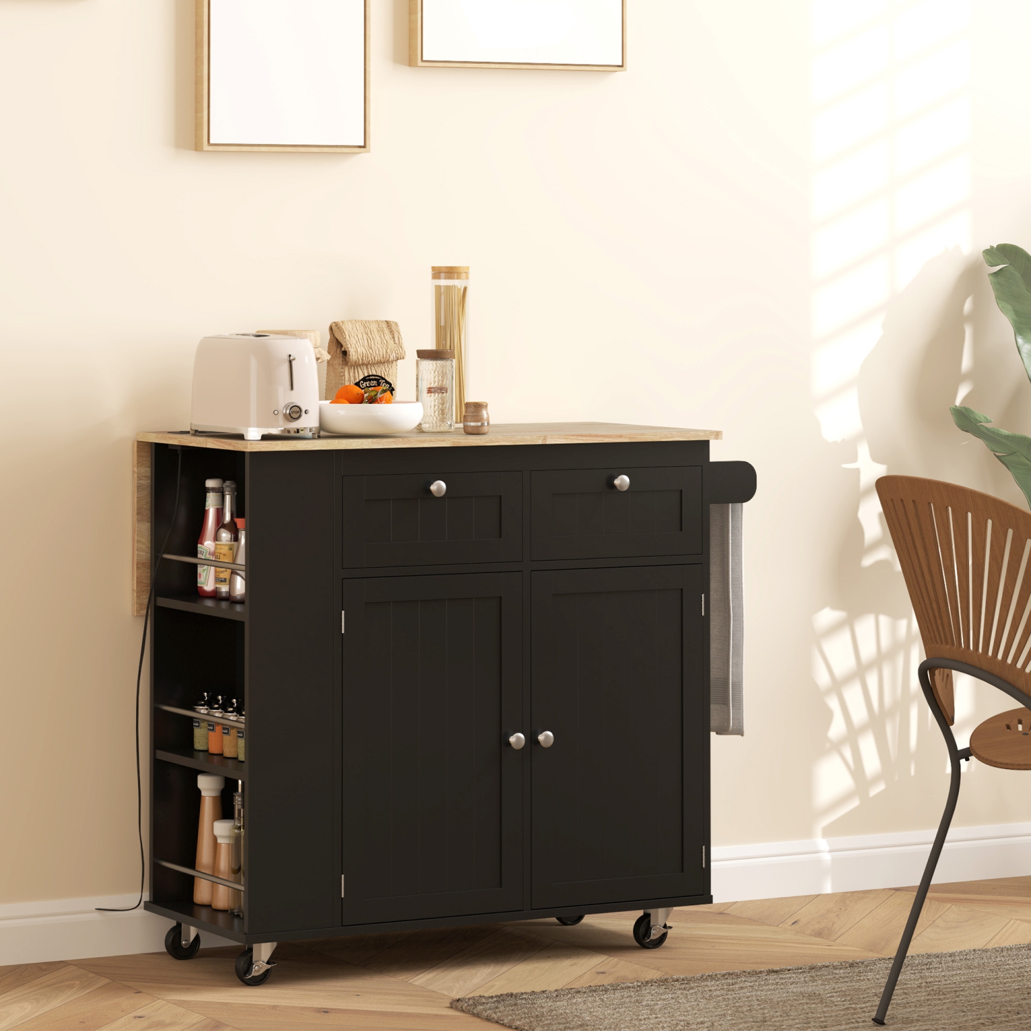 HOMCOM Kitchen Island with USB Ports & Power Outlets, Farmhouse Kitchen Cart with Wood Drop Leaf, Rolling Kitchen Island with 2 Drawers, Spice Rack