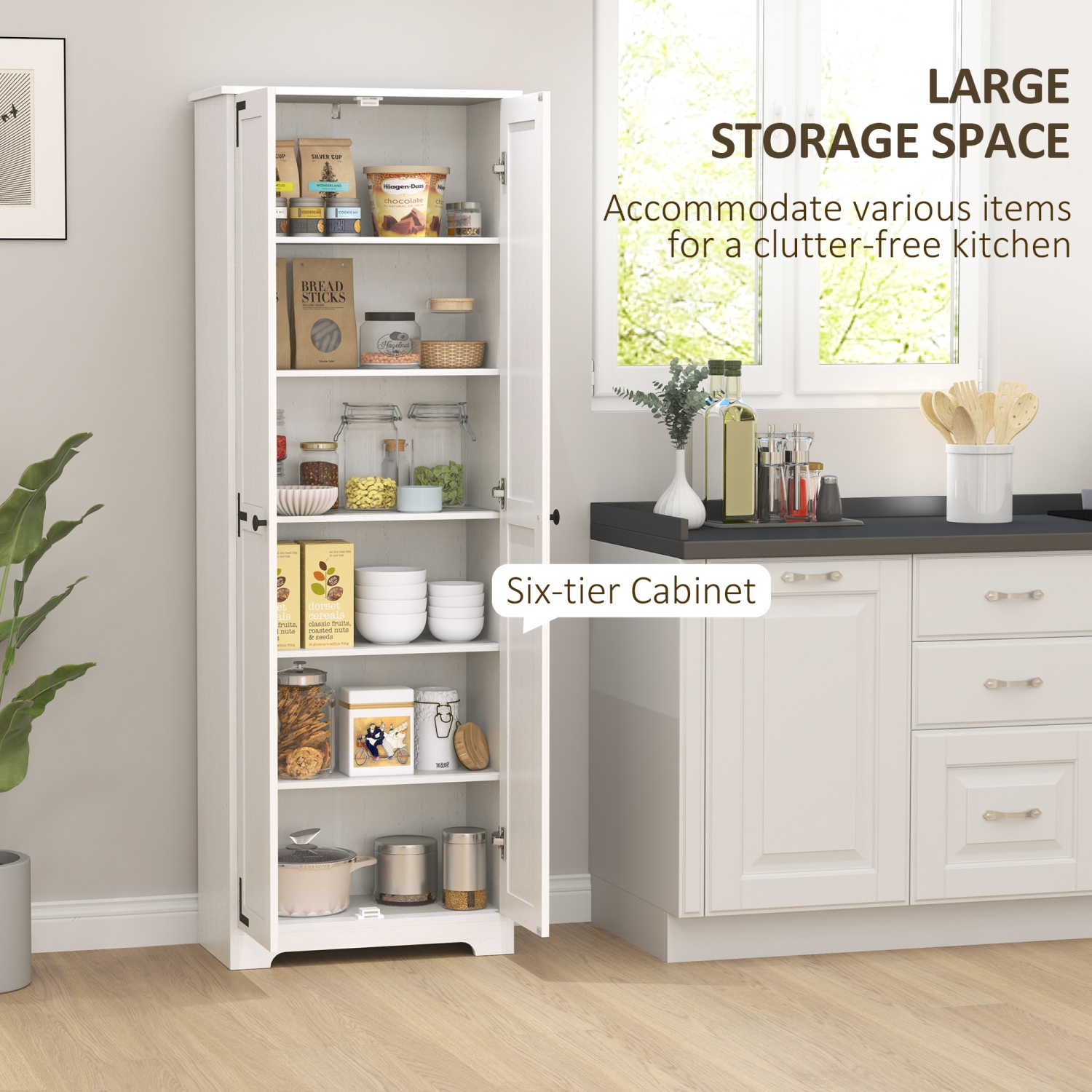 HOMCOM – Armoire garde-manger Farmhouse de 67&nbsp;po, grand garde-manger de cuisine avec tablettes réglables, armoire de rangement autonome avec