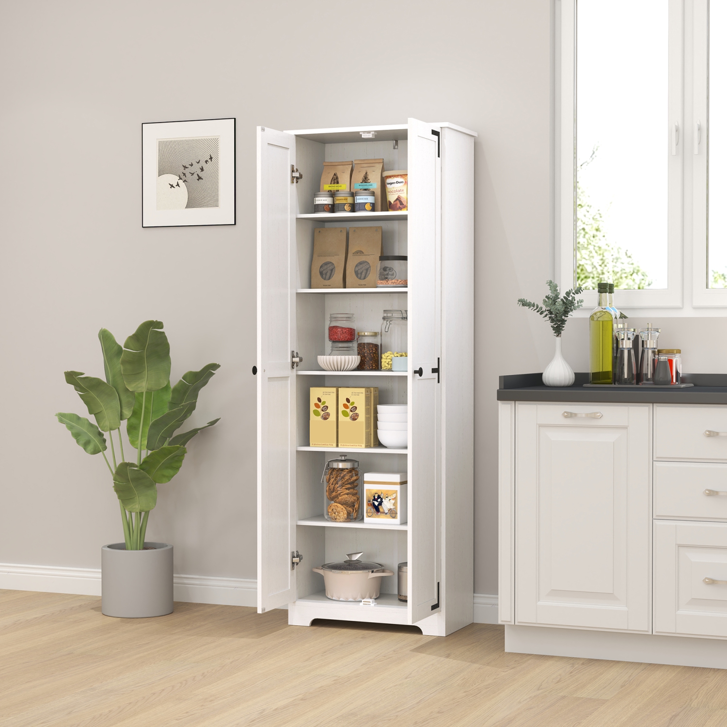 HOMCOM – Armoire garde-manger Farmhouse de 67&nbsp;po, grand garde-manger de cuisine avec tablettes réglables, armoire de rangement autonome avec