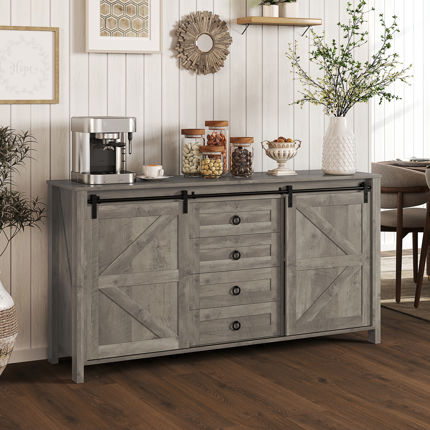 HOMCOM Farmhouse Sideboard Buffet Cabinet with Storage, 60" Kitchen Cabinet with 2 Sliding Barn Doors, 4 Drawers and 2 Adjustable Shelves, Coffee Bar