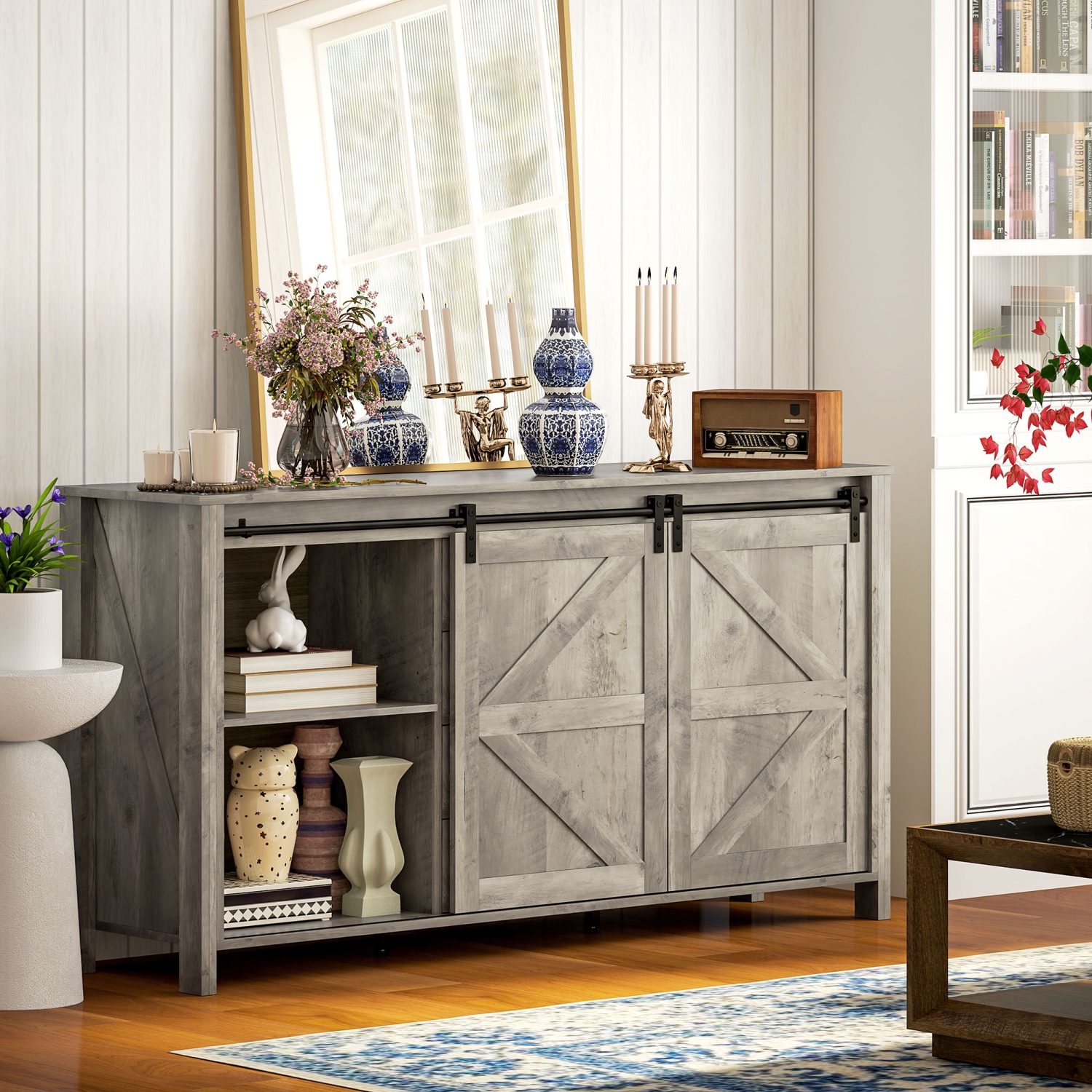 HOMCOM Farmhouse Sideboard Buffet Cabinet with Storage, 60" Kitchen Cabinet with 2 Sliding Barn Doors, 4 Drawers and 2 Adjustable Shelves, Coffee Bar