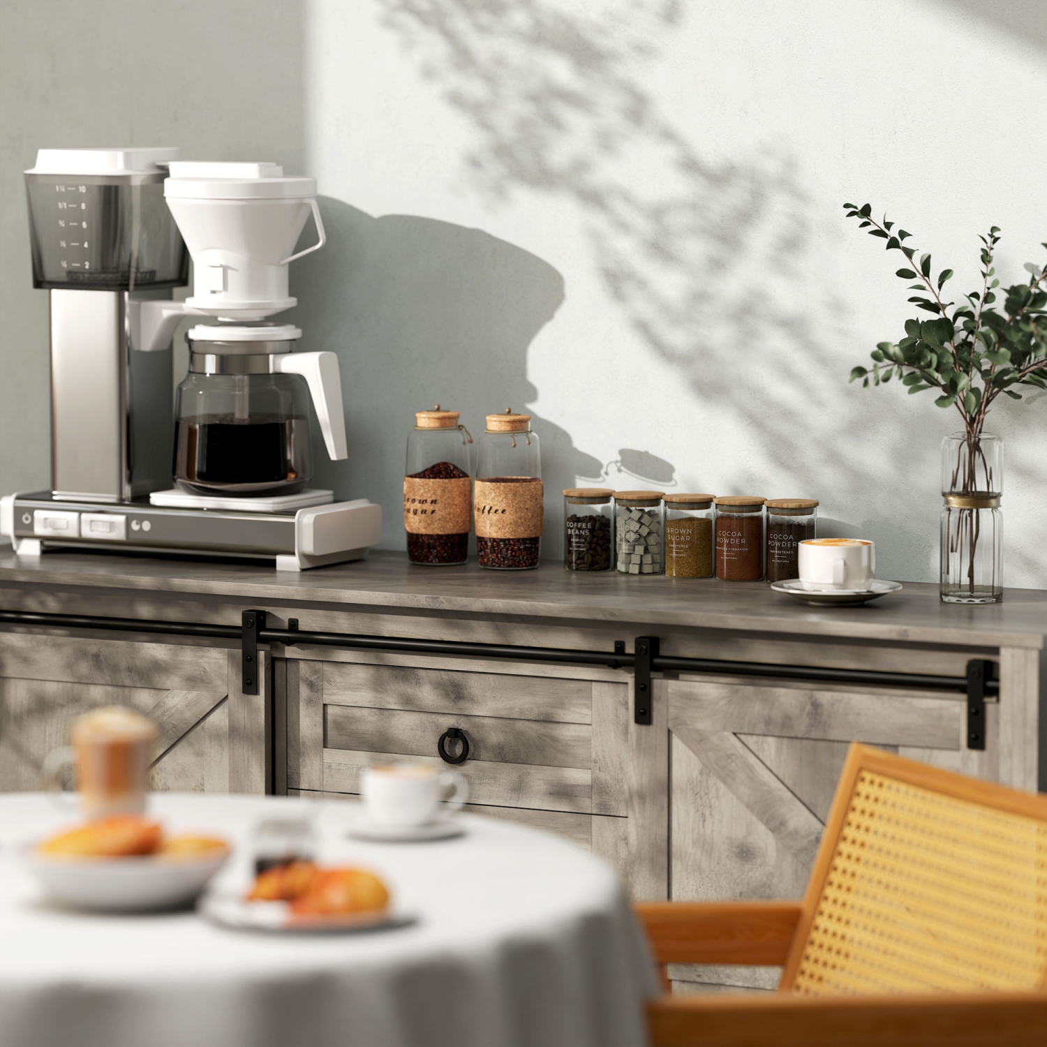 HOMCOM Farmhouse Sideboard Buffet Cabinet with Storage, 60" Kitchen Cabinet with 2 Sliding Barn Doors, 4 Drawers and 2 Adjustable Shelves, Coffee Bar