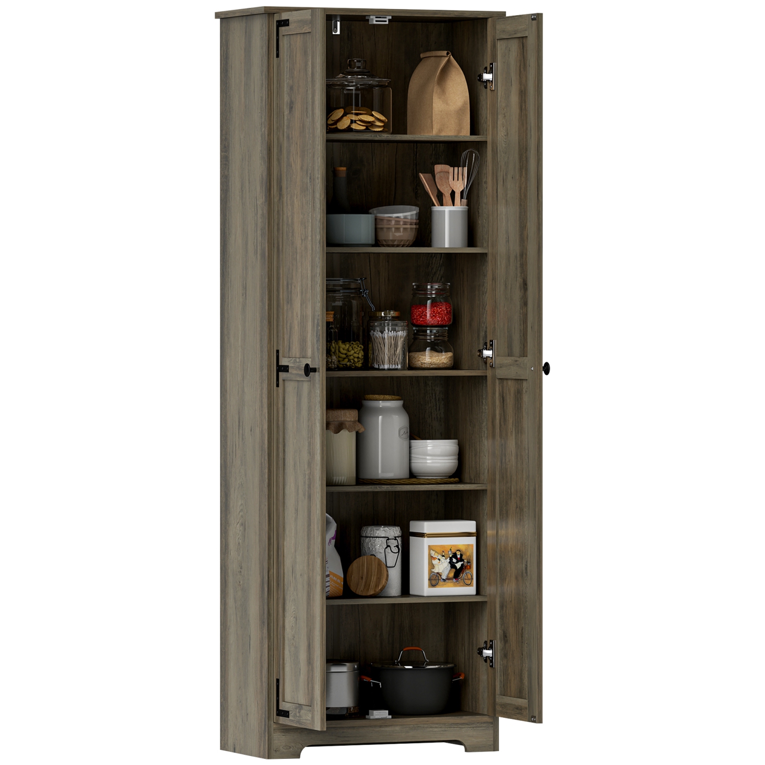 HOMCOM 67" Farmhouse Pantry Cabinet, Tall Kitchen Pantry with Adjustable Shelves, Freestanding Storage Cabinet with Recessed Doors, Distressed Grey