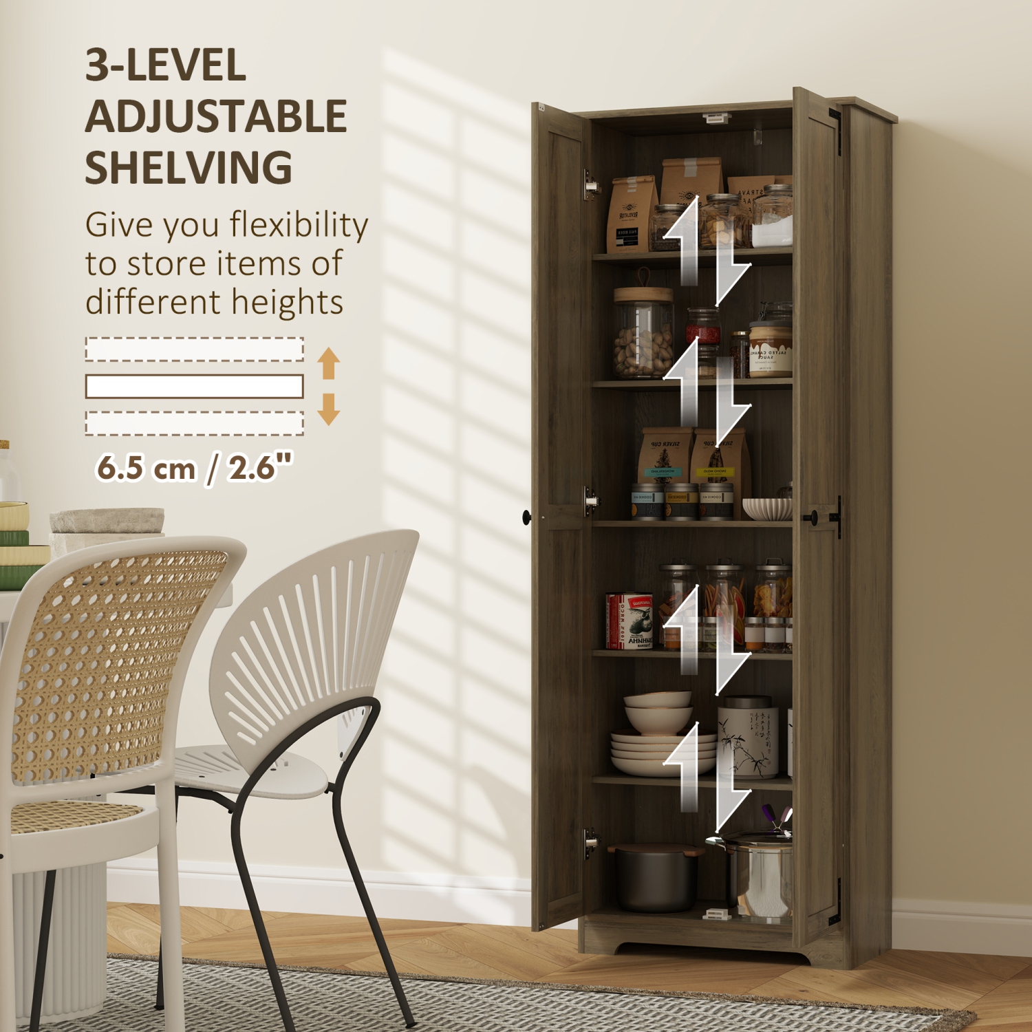 HOMCOM 67" Farmhouse Pantry Cabinet, Tall Kitchen Pantry with Adjustable Shelves, Freestanding Storage Cabinet with Recessed Doors, Distressed Grey