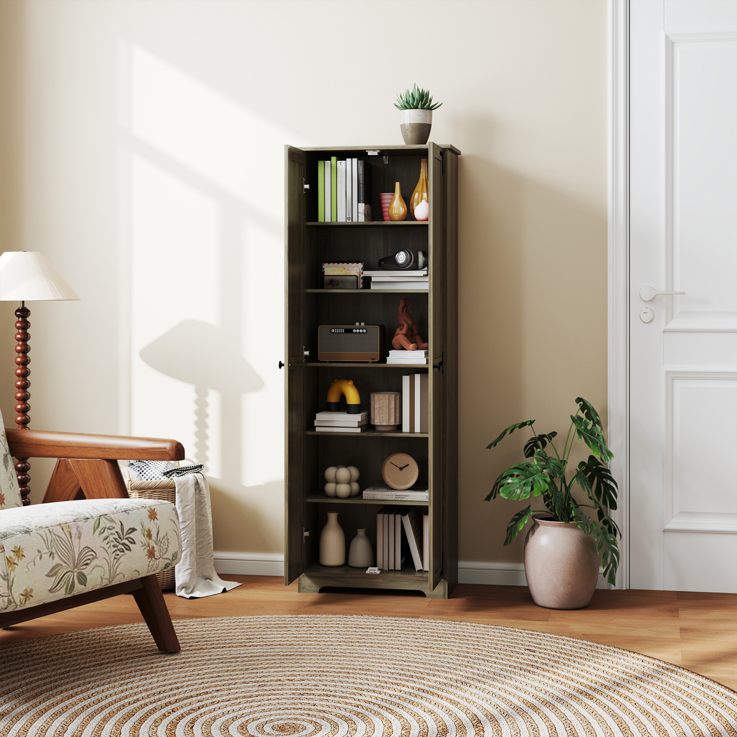 HOMCOM 67" Farmhouse Pantry Cabinet, Tall Kitchen Pantry with Adjustable Shelves, Freestanding Storage Cabinet with Recessed Doors, Distressed Grey