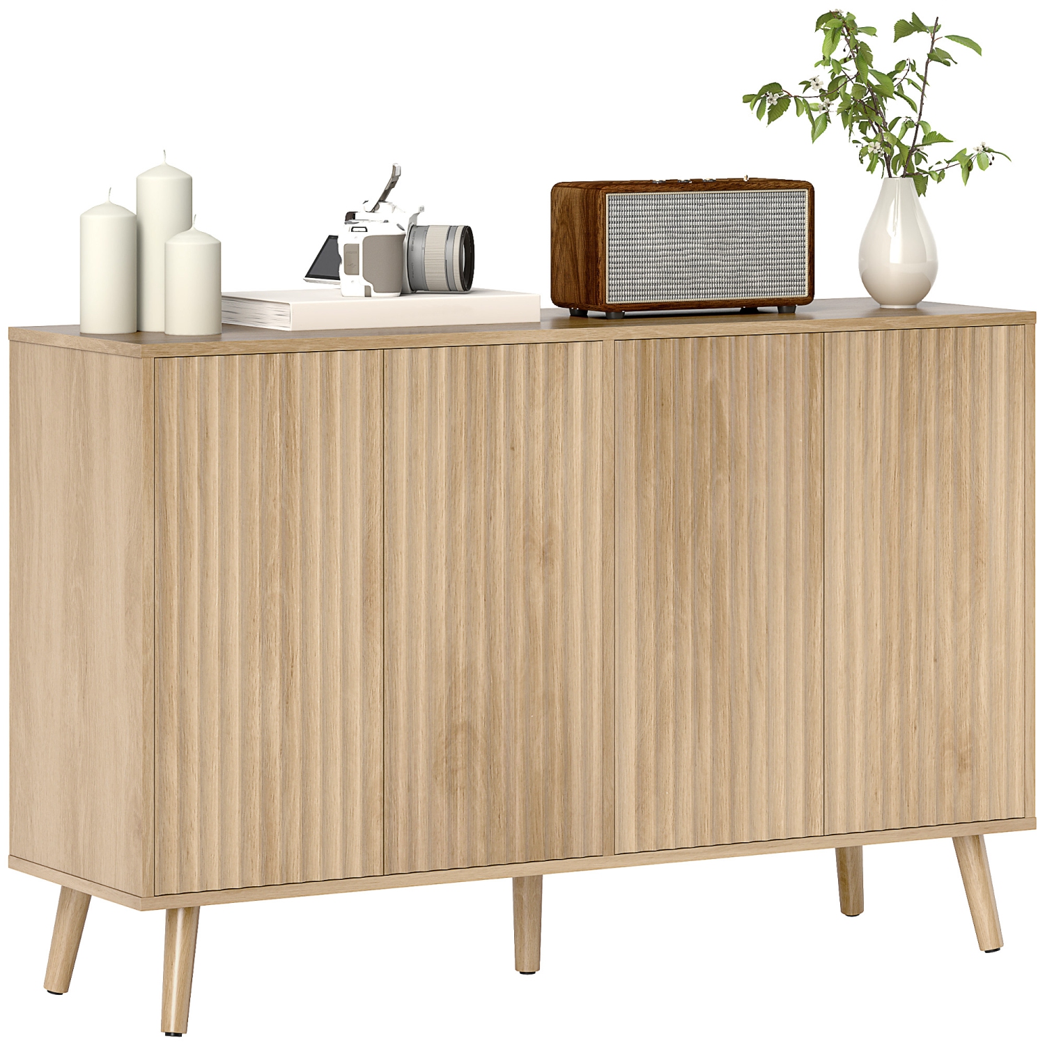 HOMCOM – Buffet de 47&nbsp;po avec rangement, armoire basse moderne cannelée avec tablettes ajustables et pattes en bois, crédence de cuisine, chêne