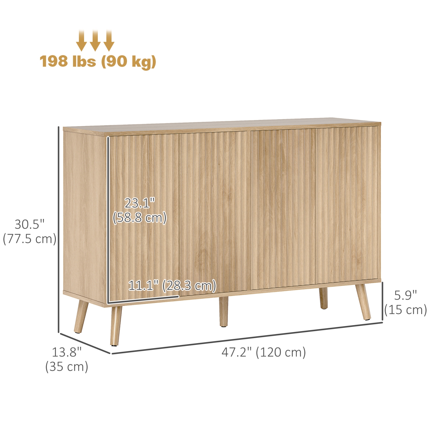 HOMCOM – Buffet de 47 po avec rangement, armoire basse moderne cannelée avec tablettes ajustables et pattes en bois, crédence de cuisine, chêne