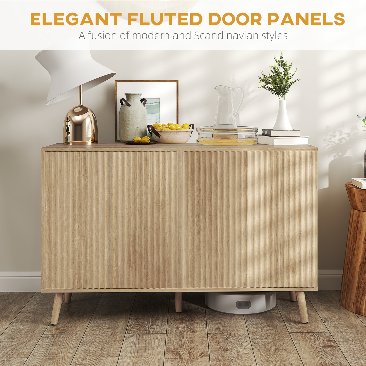 HOMCOM – Buffet de 47 po avec rangement, armoire basse moderne cannelée avec tablettes ajustables et pattes en bois, crédence de cuisine, chêne