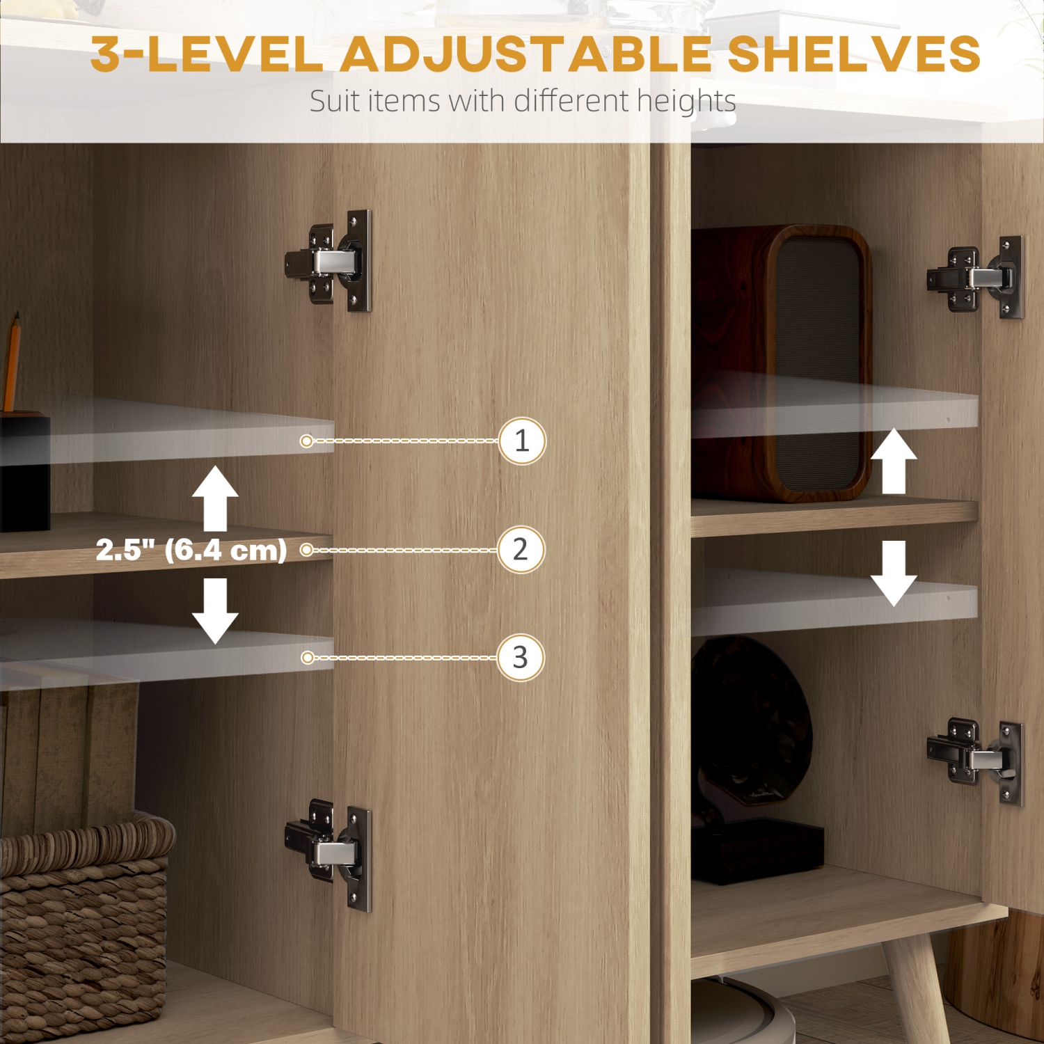 HOMCOM – Buffet de 47 po avec rangement, armoire basse moderne cannelée avec tablettes ajustables et pattes en bois, crédence de cuisine, chêne