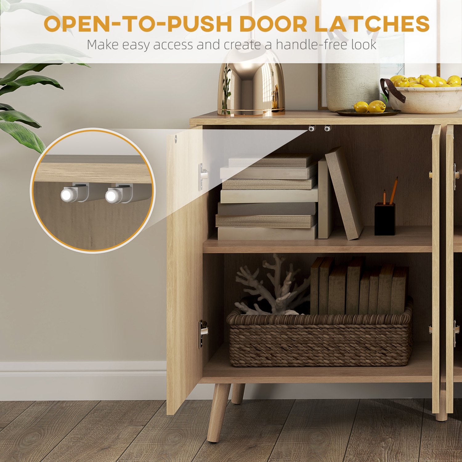 HOMCOM – Buffet de 47 po avec rangement, armoire basse moderne cannelée avec tablettes ajustables et pattes en bois, crédence de cuisine, chêne