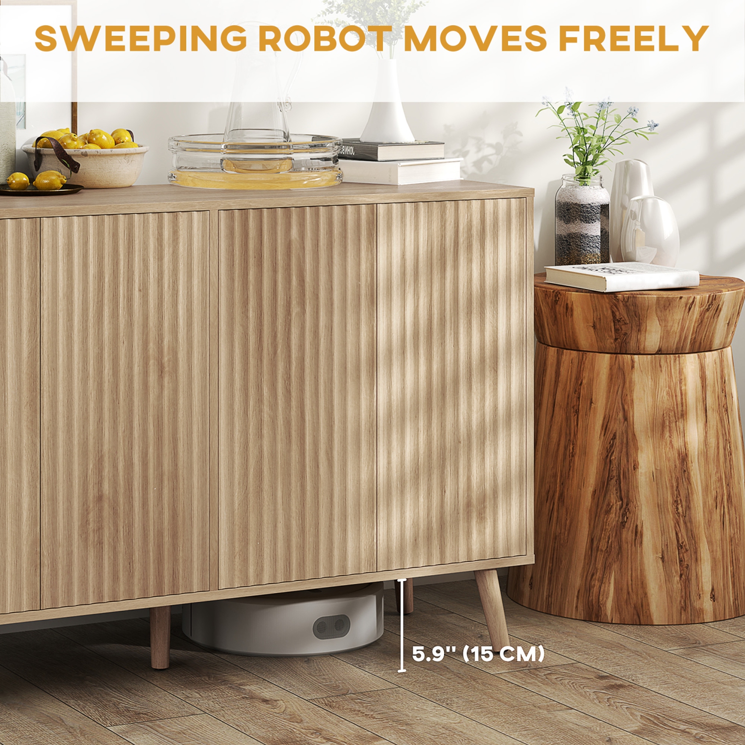 HOMCOM – Buffet de 47 po avec rangement, armoire basse moderne cannelée avec tablettes ajustables et pattes en bois, crédence de cuisine, chêne