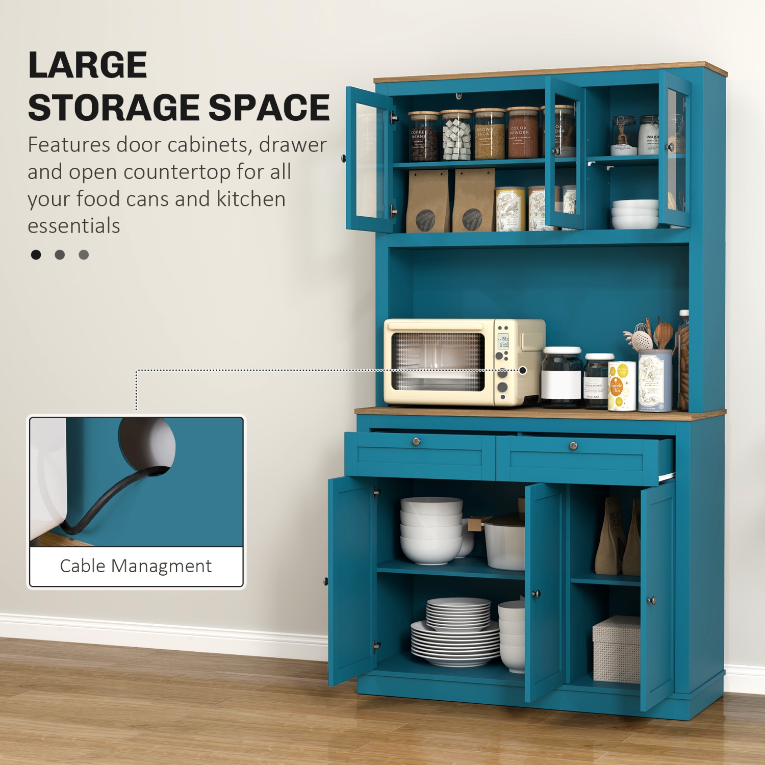 HOMCOM 71" Pantry Cabinet with Microwave Countertop, Tall Kitchen Hutch with 2 Drawers, Freestanding Storage Cabinet with Adjustable Shelves, Glass