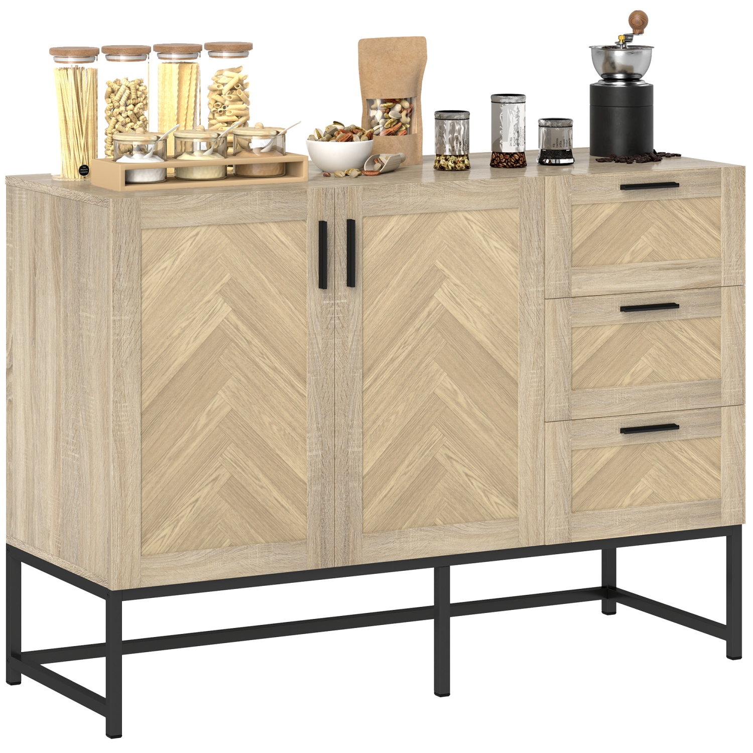 HOMCOM Sideboard Buffet Cabinet with 3 Drawers, Coffee Bar Cabinet with Recessed Doors and Adjustable Shelf, Oak