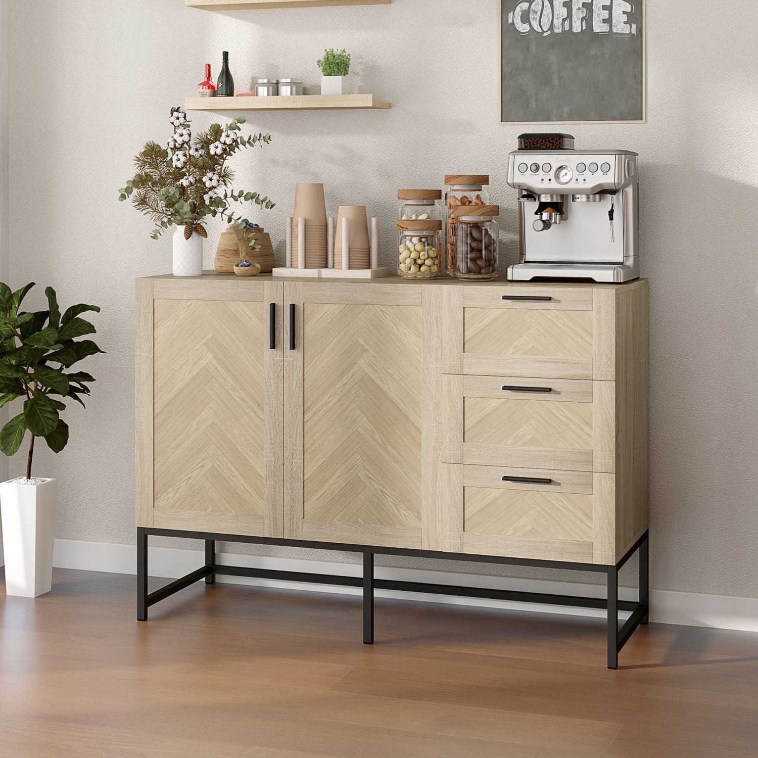 HOMCOM Sideboard Buffet Cabinet with 3 Drawers, Coffee Bar Cabinet with Recessed Doors and Adjustable Shelf, Oak