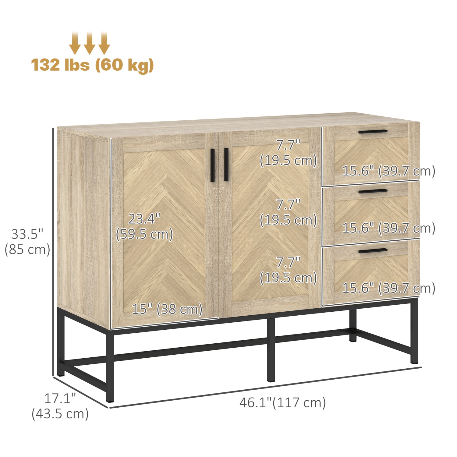 HOMCOM Sideboard Buffet Cabinet with 3 Drawers, Coffee Bar Cabinet with Recessed Doors and Adjustable Shelf, Oak
