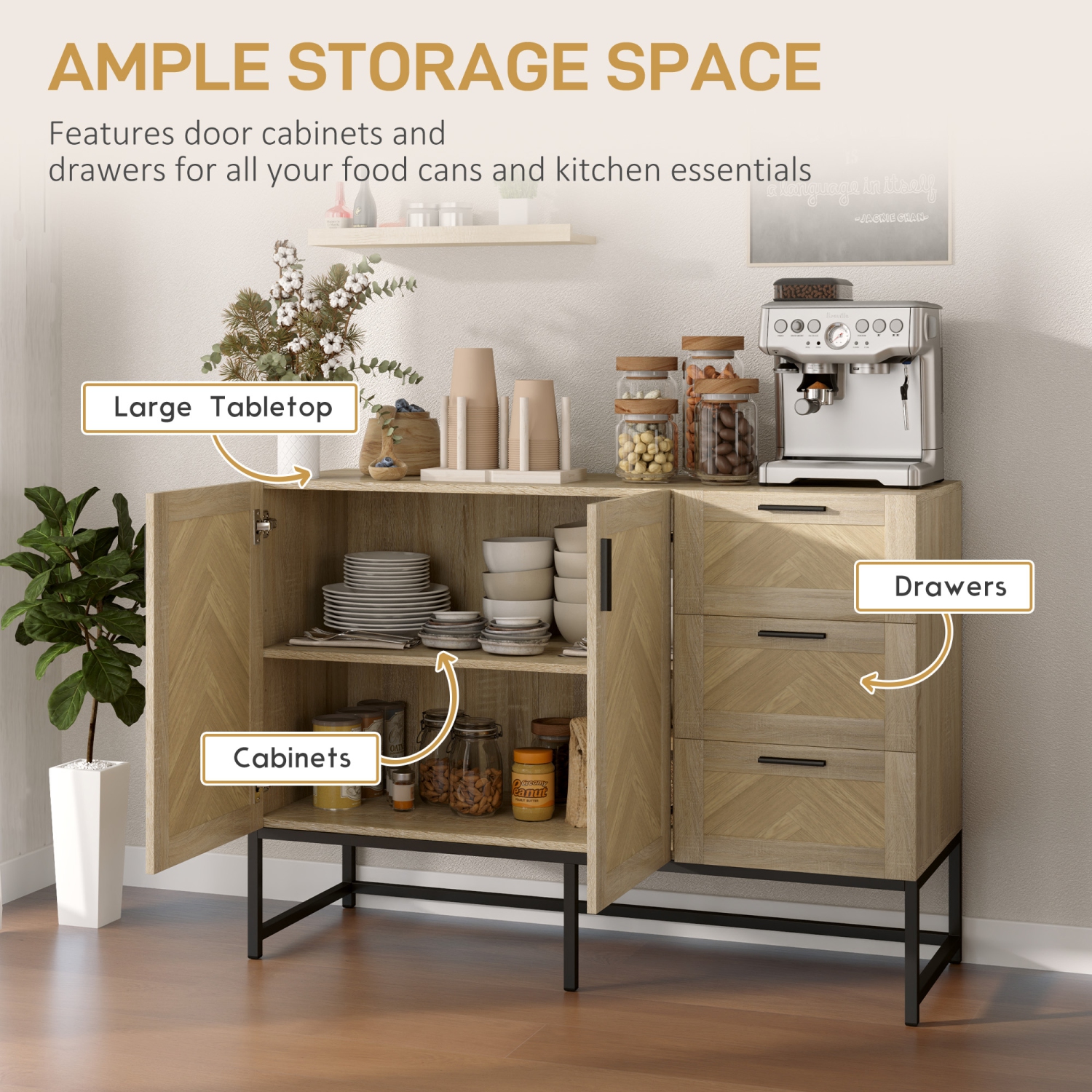 HOMCOM Sideboard Buffet Cabinet with 3 Drawers, Coffee Bar Cabinet with Recessed Doors and Adjustable Shelf, Oak