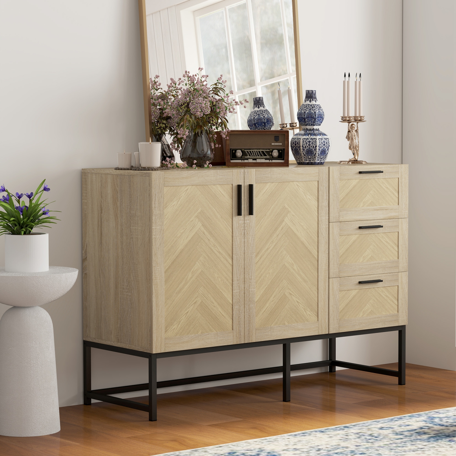 HOMCOM Sideboard Buffet Cabinet with 3 Drawers, Coffee Bar Cabinet with Recessed Doors and Adjustable Shelf, Oak