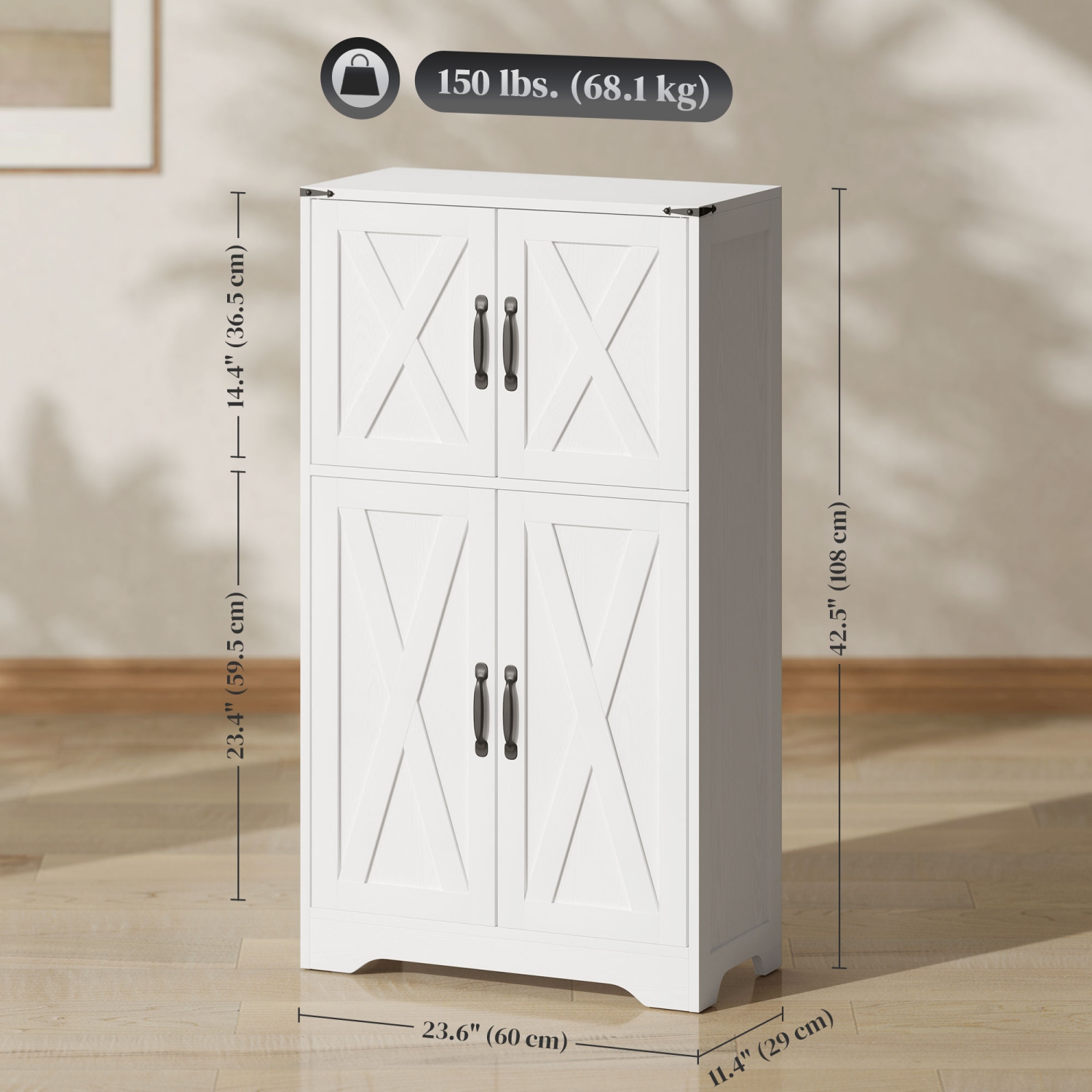 HOMCOM 42.5" Farmhouse Kitchen Pantry Cabinet, Freestanding Pantry Storage Cabinet with Barn Doors and Adjustable Shelves, Kitchen Cabinet Sideboard,