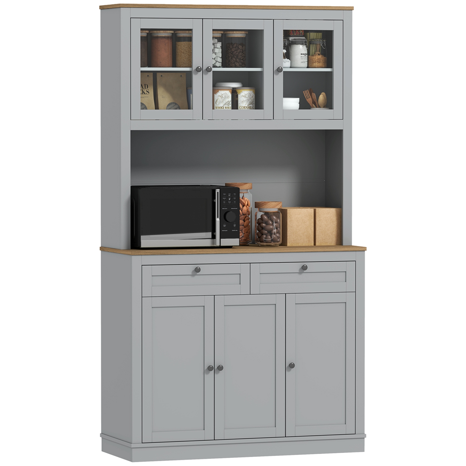 HOMCOM 71" Pantry Cabinet with Microwave Countertop, Tall Kitchen Hutch with 2 Drawers, Freestanding Storage Cabinet with Adjustable Shelves, Glass