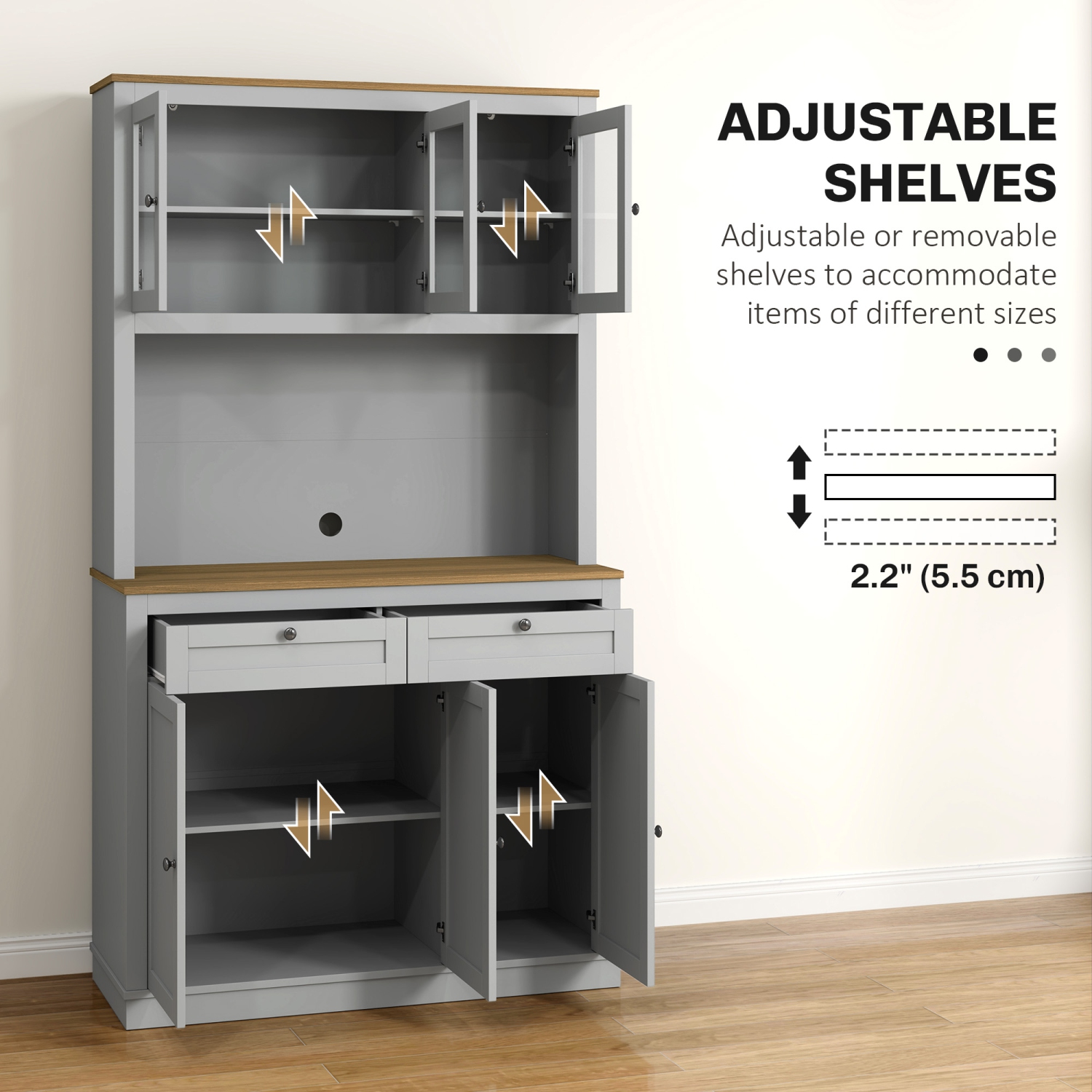 HOMCOM 71" Pantry Cabinet with Microwave Countertop, Tall Kitchen Hutch with 2 Drawers, Freestanding Storage Cabinet with Adjustable Shelves, Glass